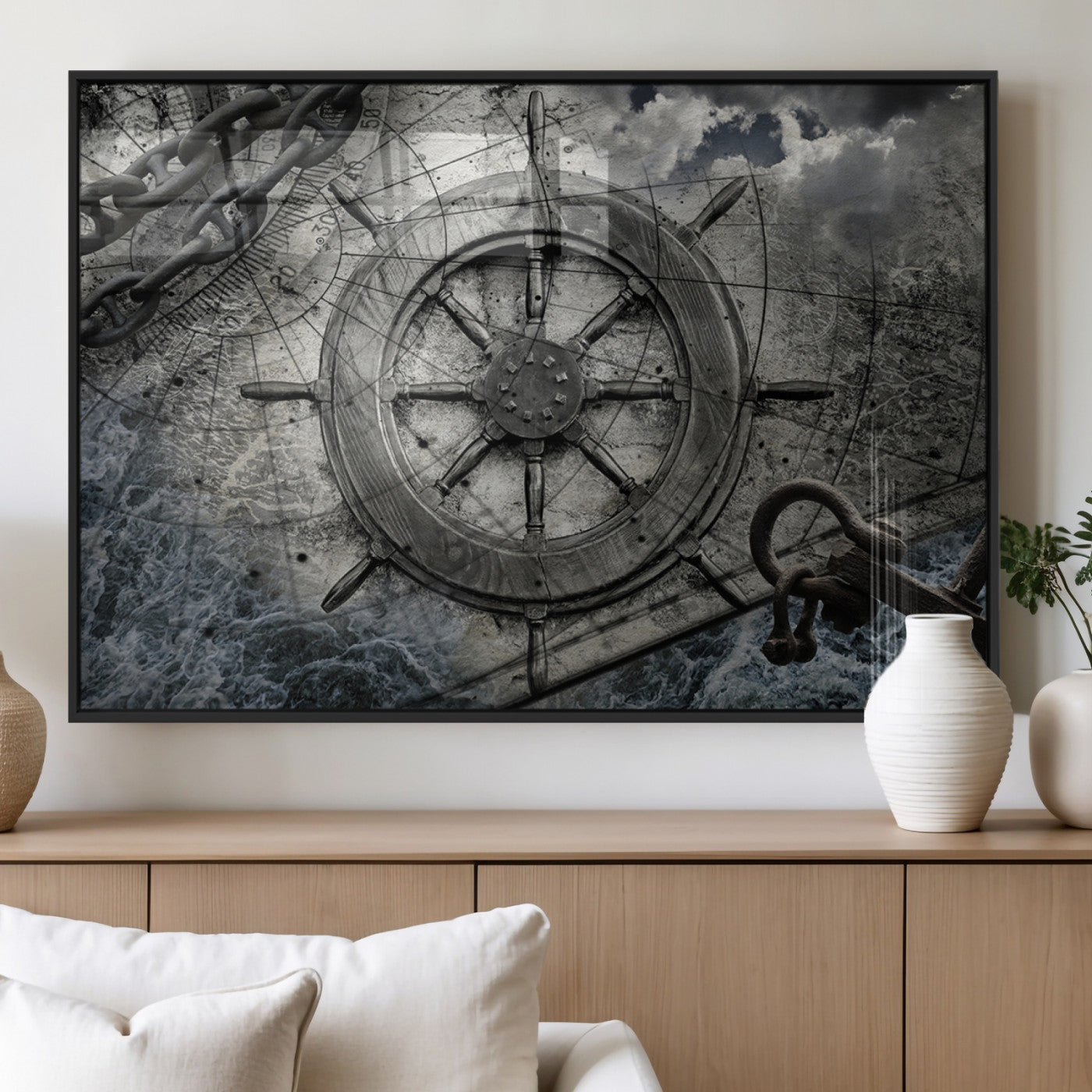 MGV-FP-60X30-3P - Ship Steering Wheel Vintage Wall Art Canvas Print