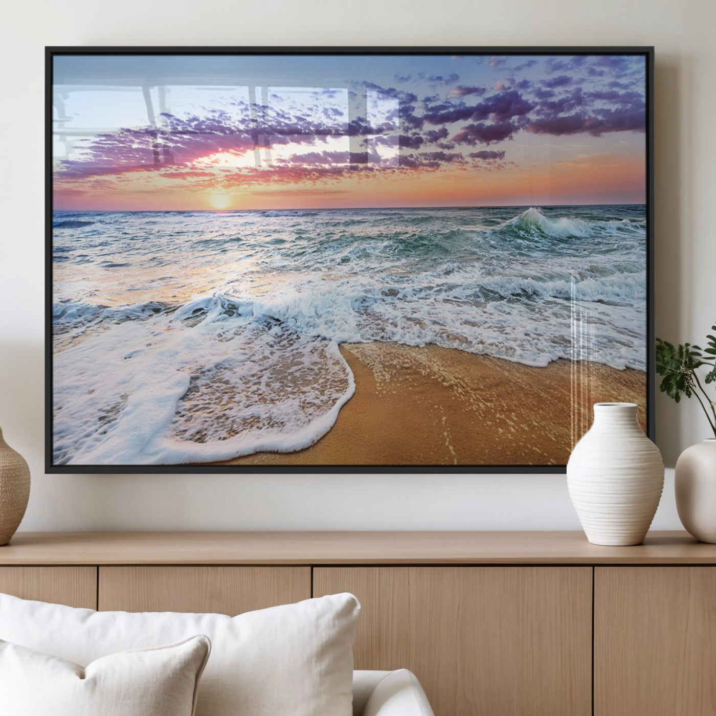 MGV-FP-60X30-3P - Coastal Sunset Art Beach Canvas Wall Art Print | Ocean Waves Wall Art | Large 3-Panel Seascape for