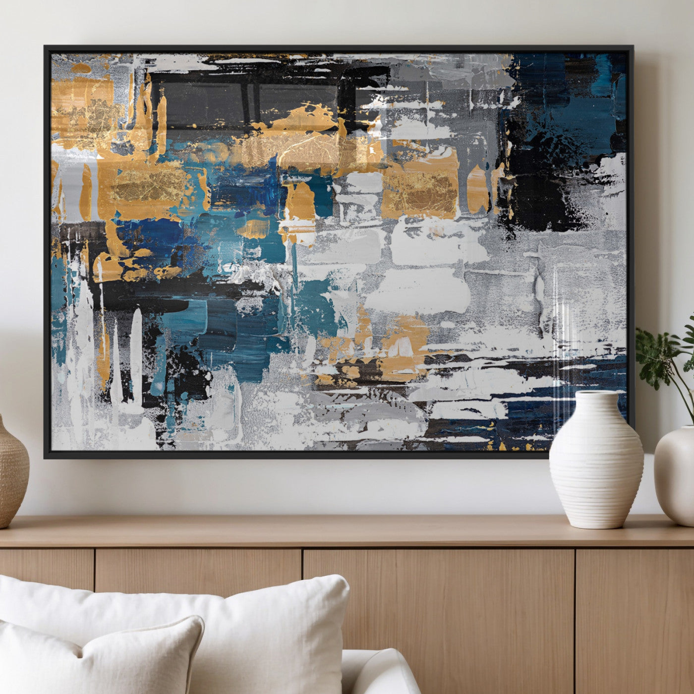 57708-MGV-FP-60X30-3P_Black-Blue and Gold Abstract Canvas Wall Art – Triptych Modern Painting for Living Room – Framed and Ready to Hang