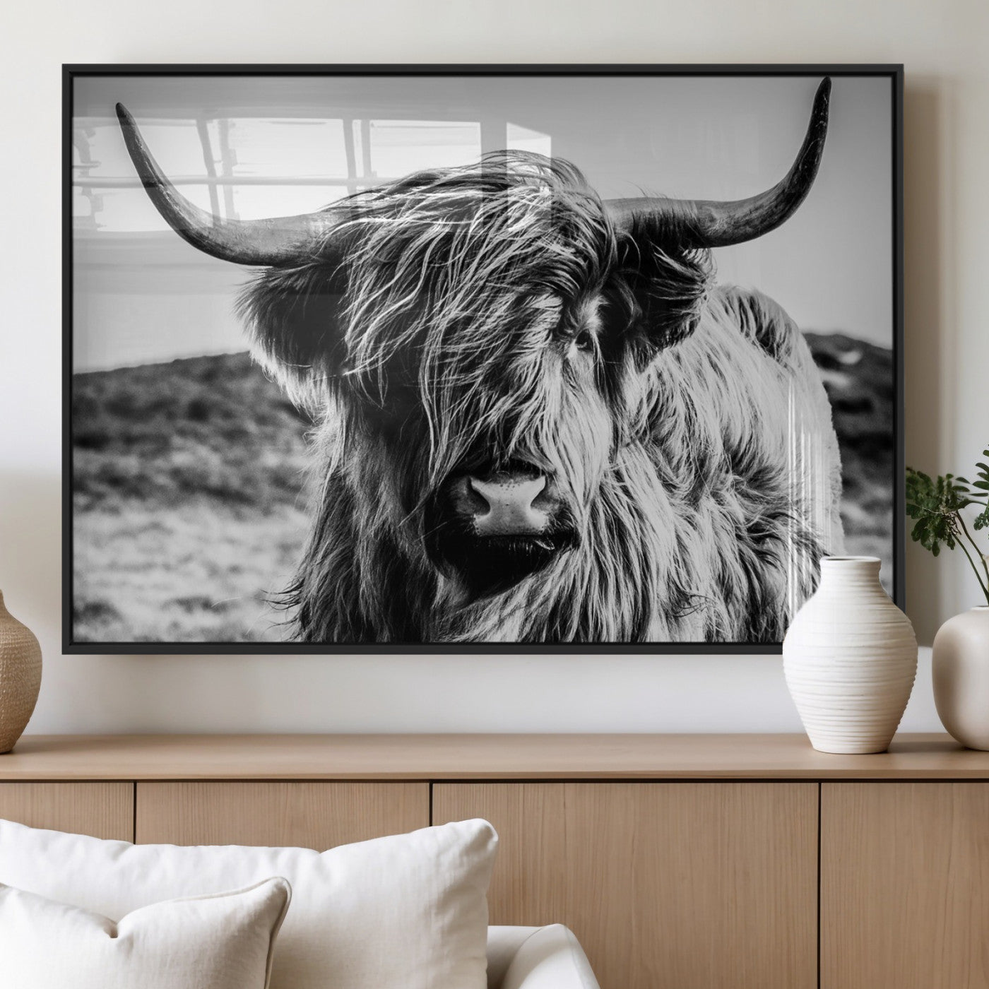 54309-MGV-CV-36X24 - Black and White Scottish Cow Canvas Wall Art Highland Cattle Canvas Print Framed Ready to Hang Original Cotton Canvas High Quality Image Multi Panel Wall Art Printable Artwork for Walls