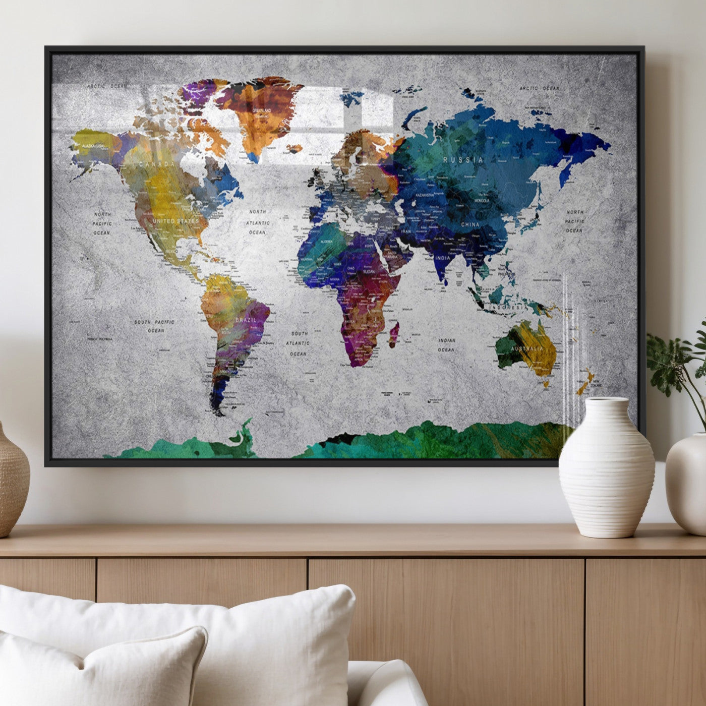 MGV-FP-36X24-3P - Push Pin World Map Canvas Print – Framed Wall Art for Couples to Track Their Travels – Anniversary