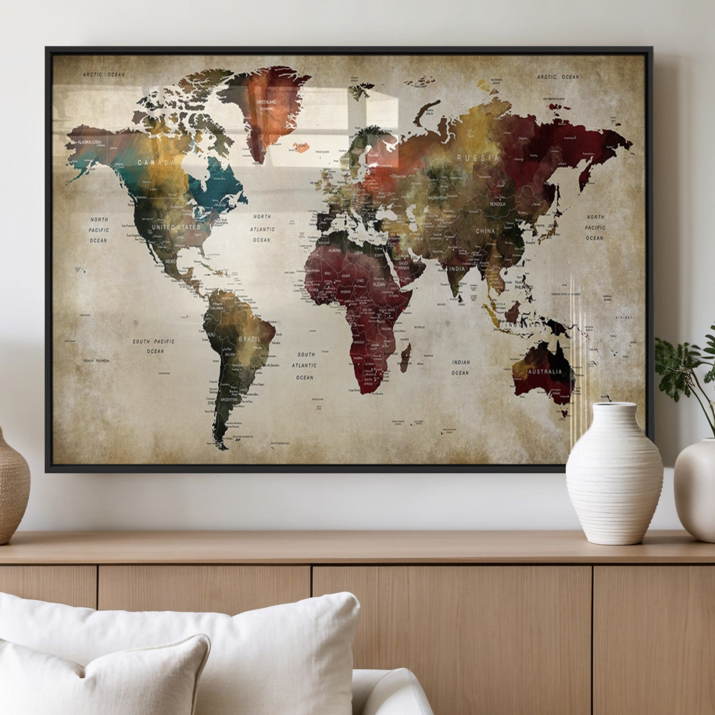 MGV-FP-60X30-3P - Large World Map Wall Art Canvas Print, Framed Push Pin Map Art Picture Print, Abstract Traveller Map Perfect Modern Decor Artwork