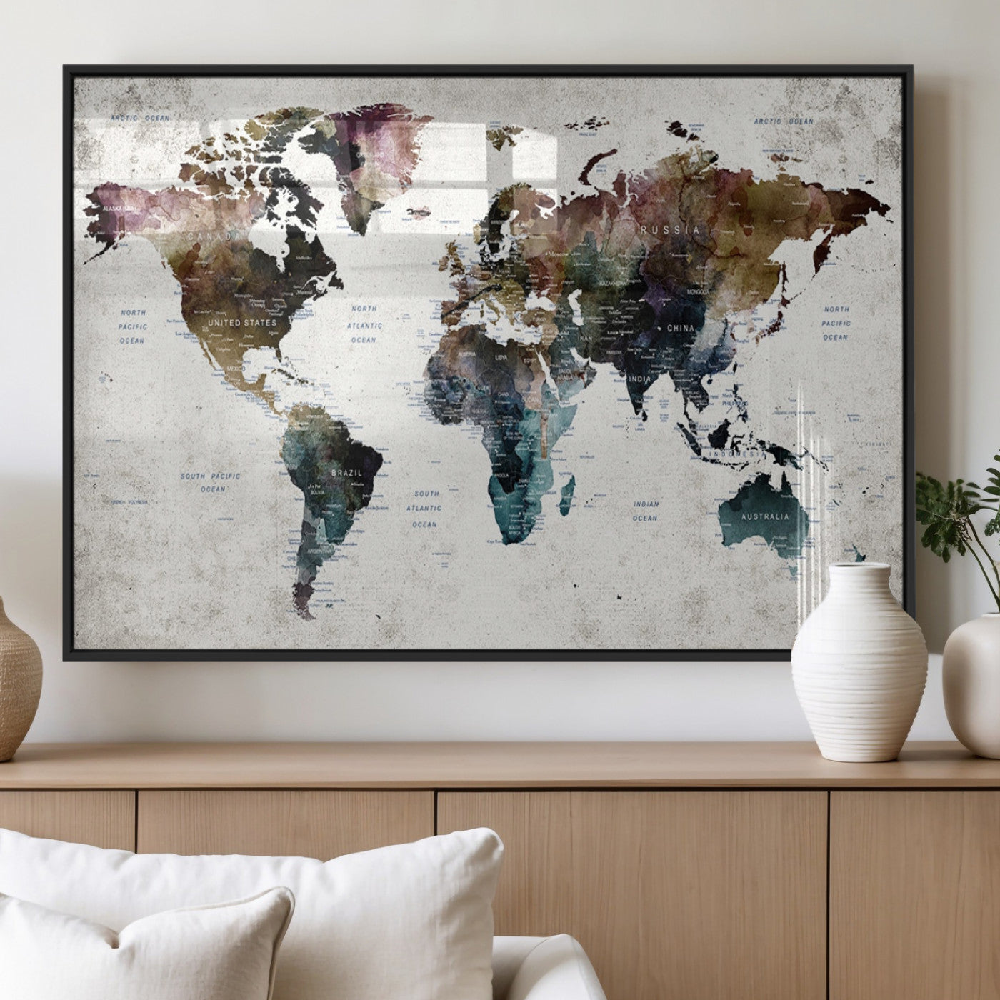 MGV-FP-36X24-3P - Push Pin World Map Canvas Print – Framed Wall Art for Couples to Track Their Travels – Anniversary