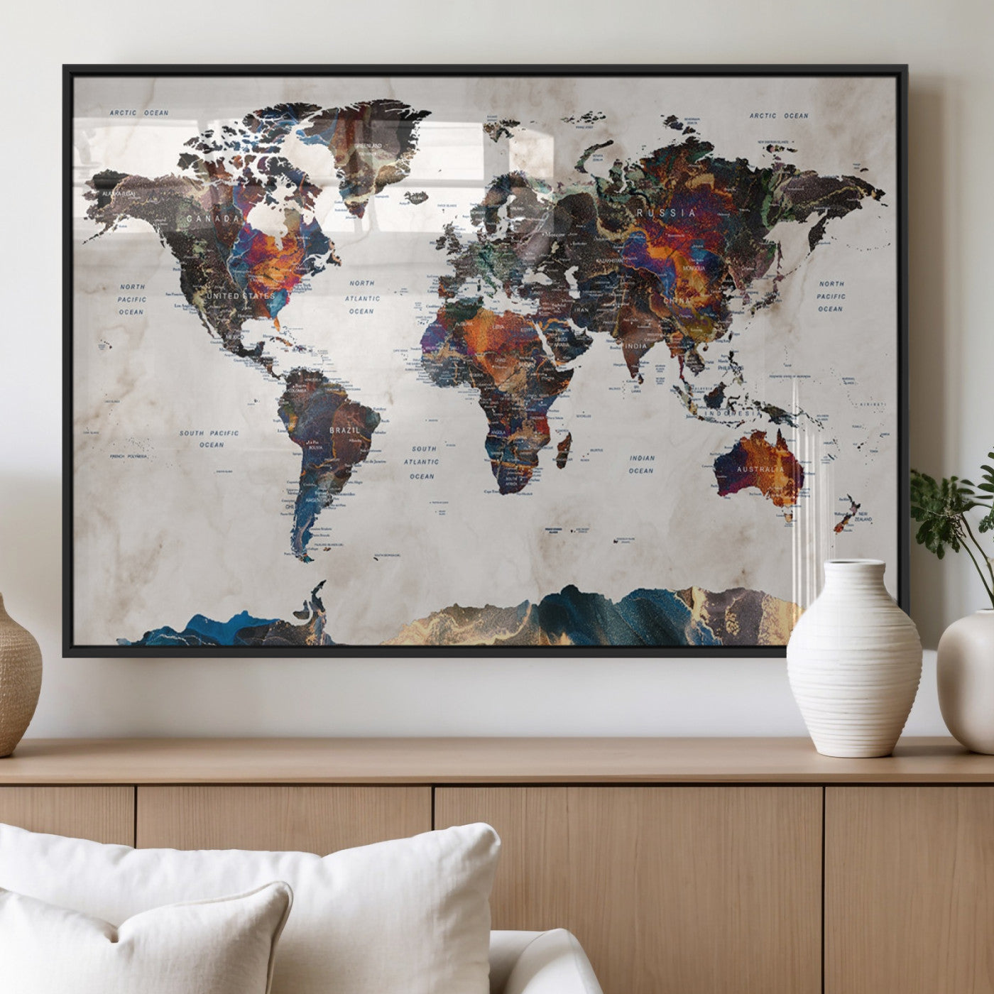 MGV-FP-36X24-3P - Push Pin World Map Canvas Print – Framed Wall Art for Couples to Track Their Travels – Anniversary