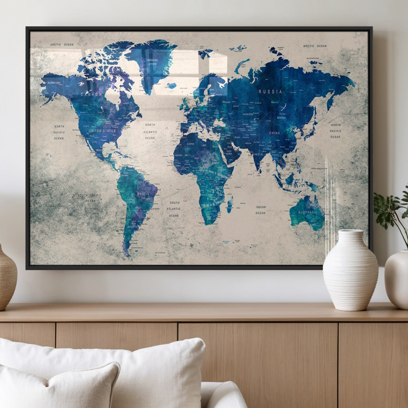 MGV-FP-60X30-3P - Push Pin World Map Canvas Print – Framed Wall Art for Couples to Track Their Travels – Anniversary