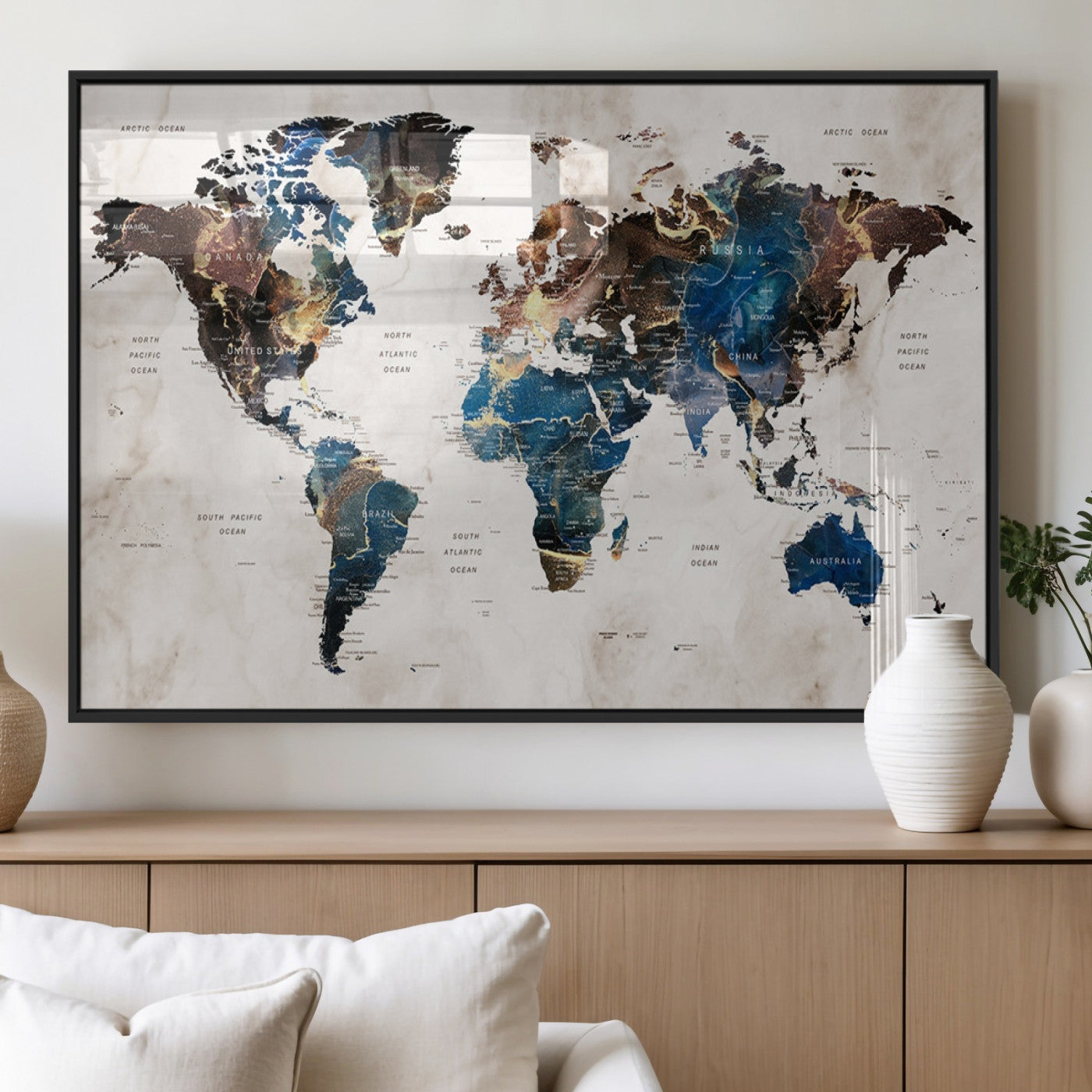 MGV-FP-36X24-3P - Push Pin World Map Canvas Print – Framed Wall Art for Couples to Track Their Travels – Anniversary