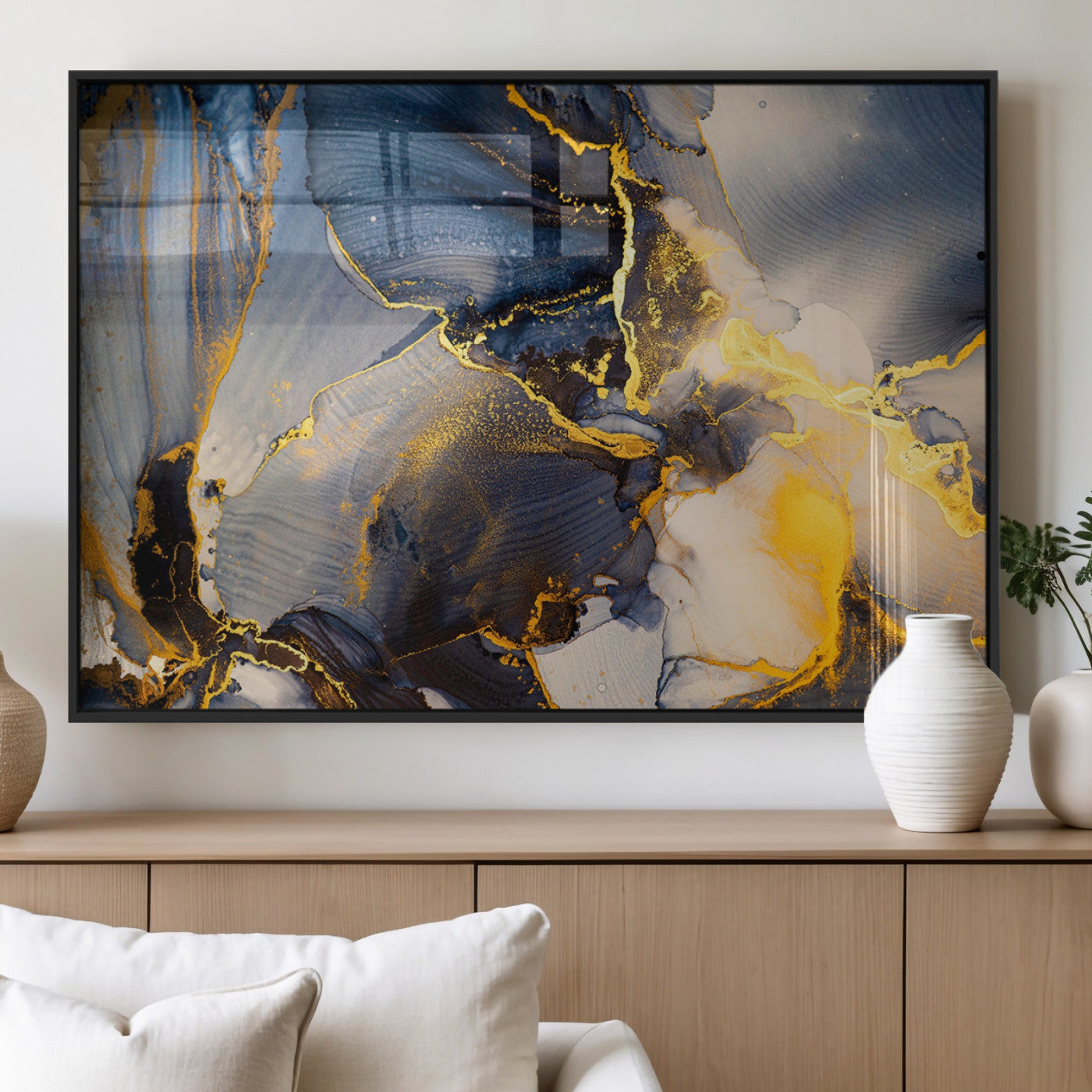 42100-MGV-FP-60X30-3P_Black-Large Abstract Wall Art Print - Gold and Blue Abstract Canvas Wall Art | Fluid Ink Modern Luxury Wall Decor for Living Room Decor