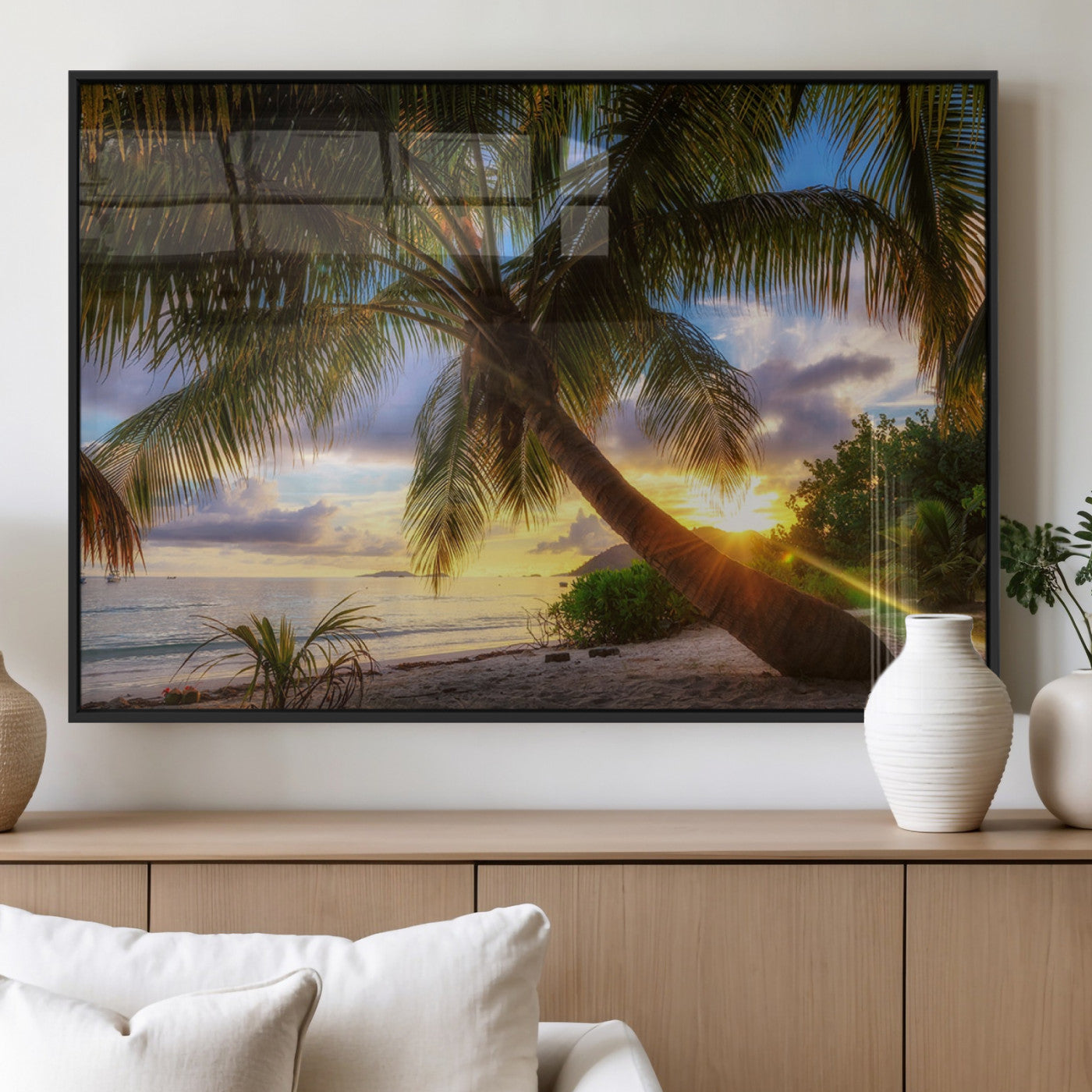 MGV-FP-60X30-3P - Tropical Island Sunset on the Beach Palms Wall Art Canvas Print
