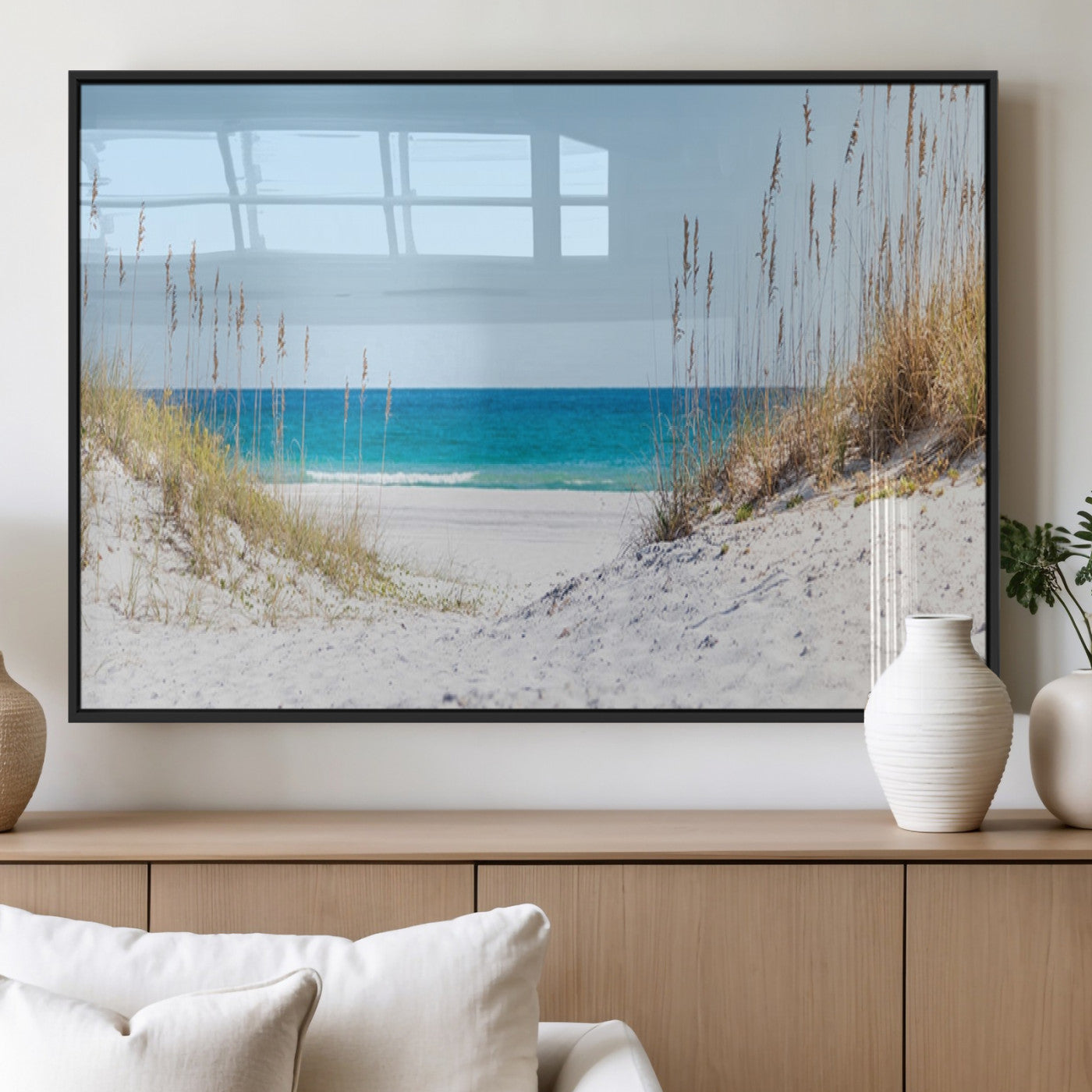 MGV-FP-36X24-3P - Serene Coastal Dune Path with Ocean View, 3-Panel Beach Canvas Wall Art, Tranquil Seascape Giclee