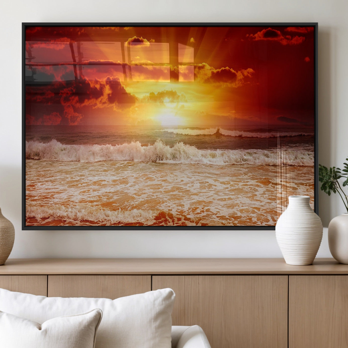 MGV-FP-36X24-3P - Red Sunset Ocean Beach Canvas Wall Art Beach Canvas, Coastal Sunset Print