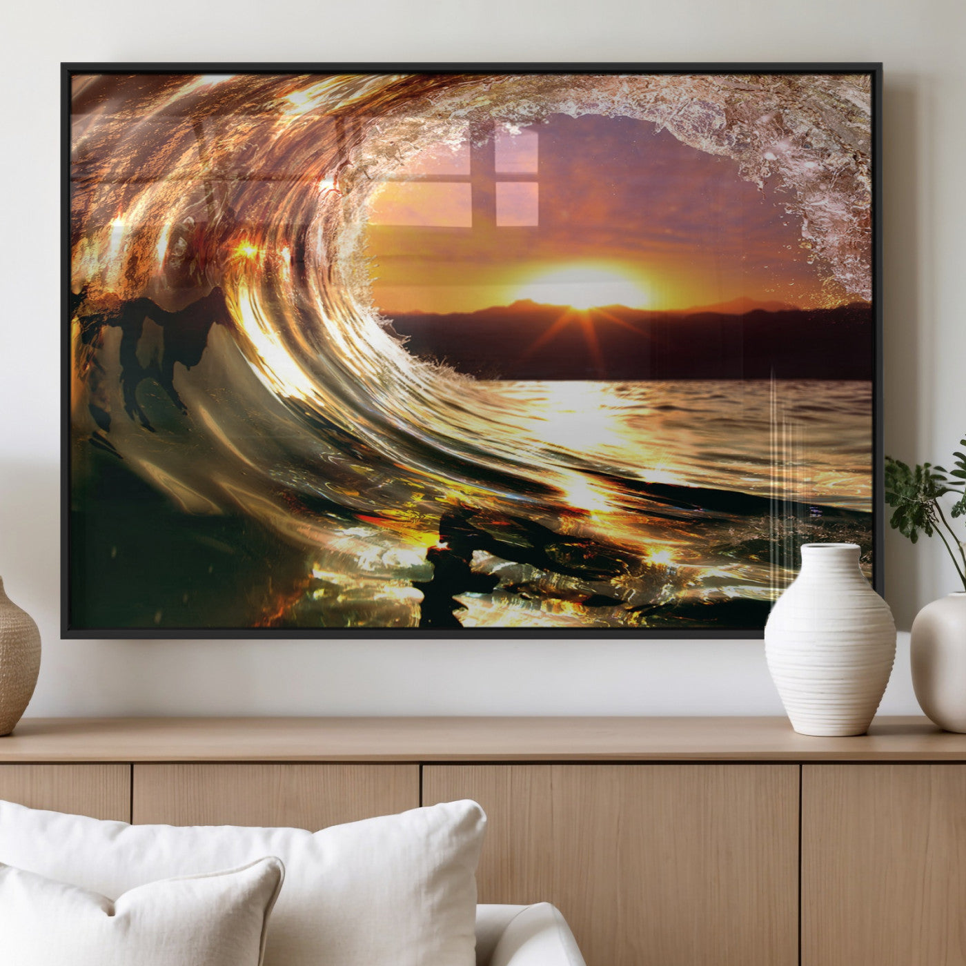 MGV-FP-36X24-3P - Golden Wave Sunset Triptych Canvas Art, Giclee Canvas Print of Ocean Wave and Sunset, Framed Ocean