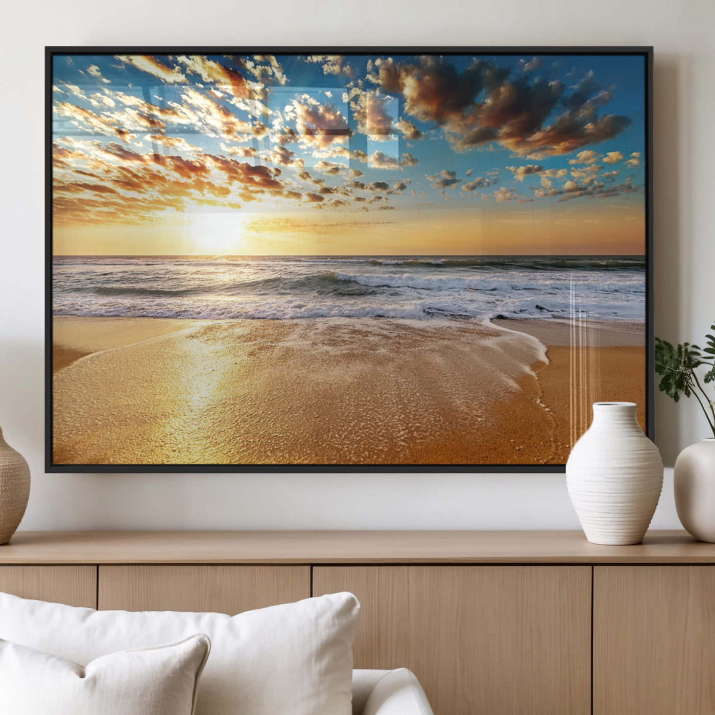 MGV-FP-36X24-3P - Golden Sunset Beach Print Canvas Wall Art, Giclee Canvas Print with Canon Print Quality, Triptych