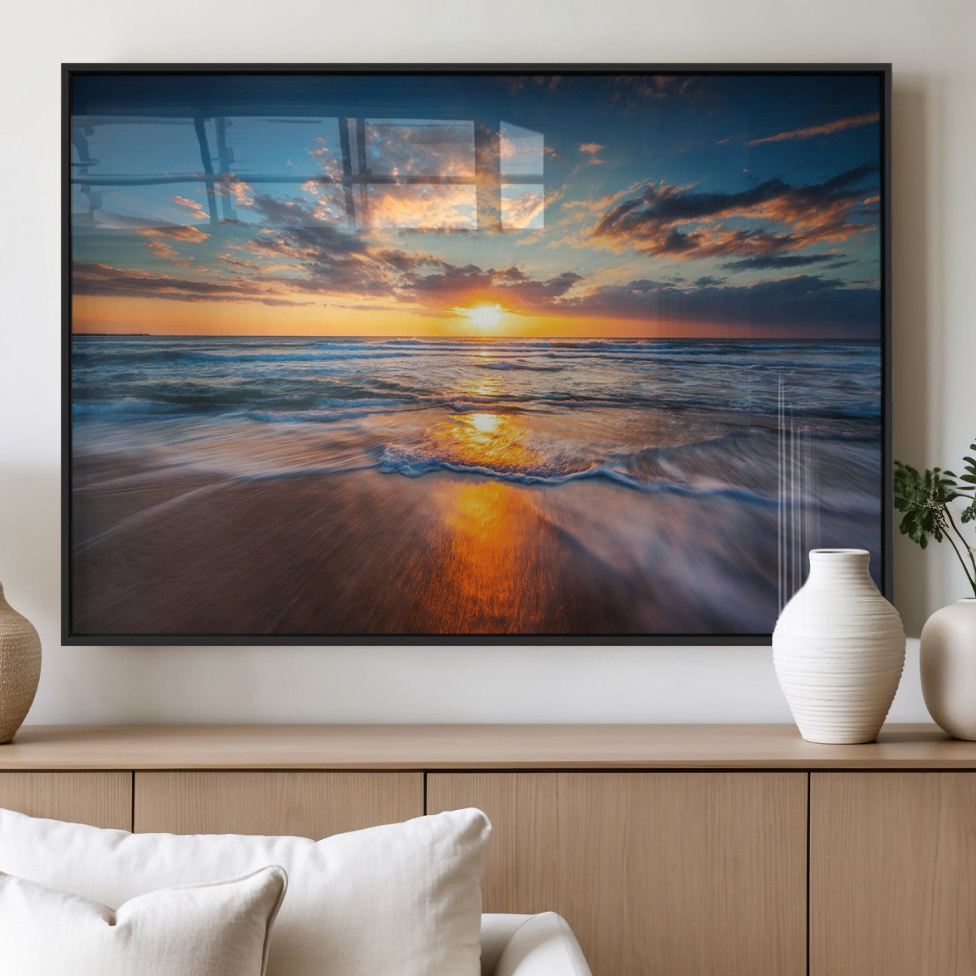 MGV-FP-36X24-3P - Sunset on the Ocean Beach with Waves, Reflections on Sand, Coastal Wall Art Print, Beach Wall Art,