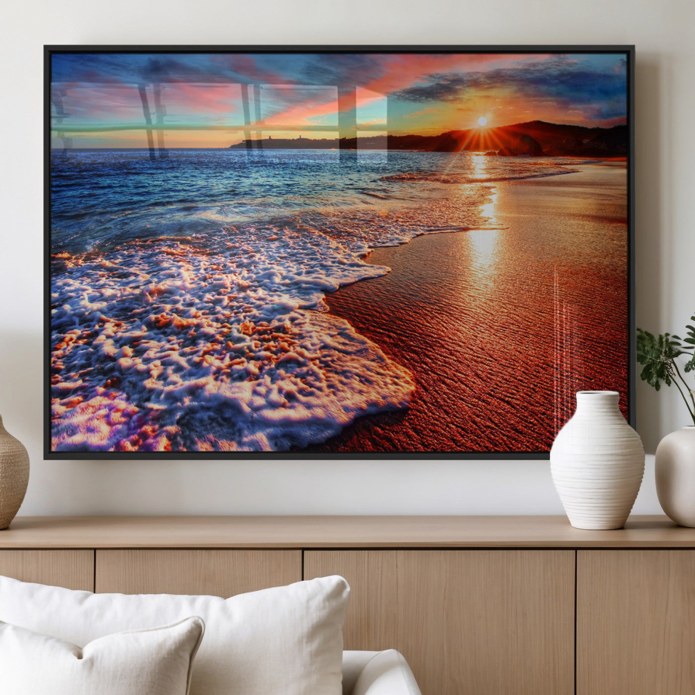 MGV-FP-36X24-3P - Colorful Coastal Sunset on the Beach Canvas Print, Ocean Waves Crashing at Dusk, Multi-Panel