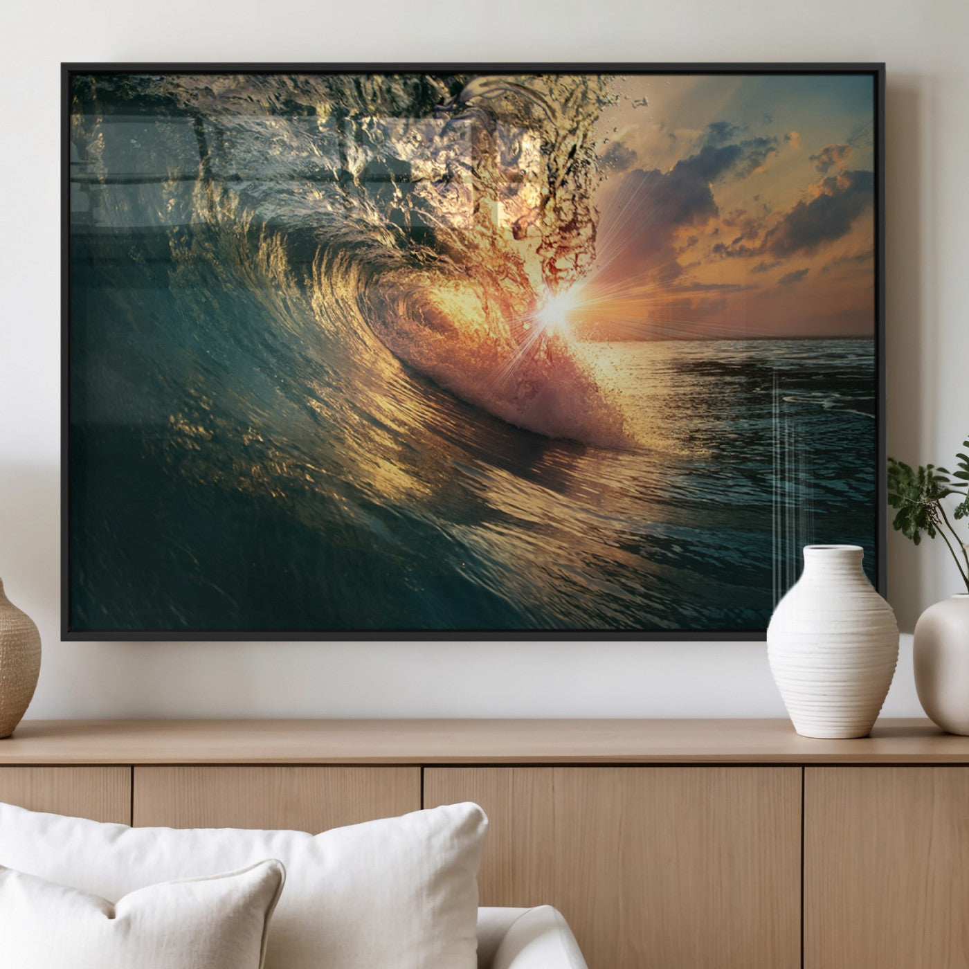 MGV-FP-36X24-3P - Ocean Wave Sunset Canvas Wall Art – Triptych Seascape Print – Framed and Ready to Hang for Living