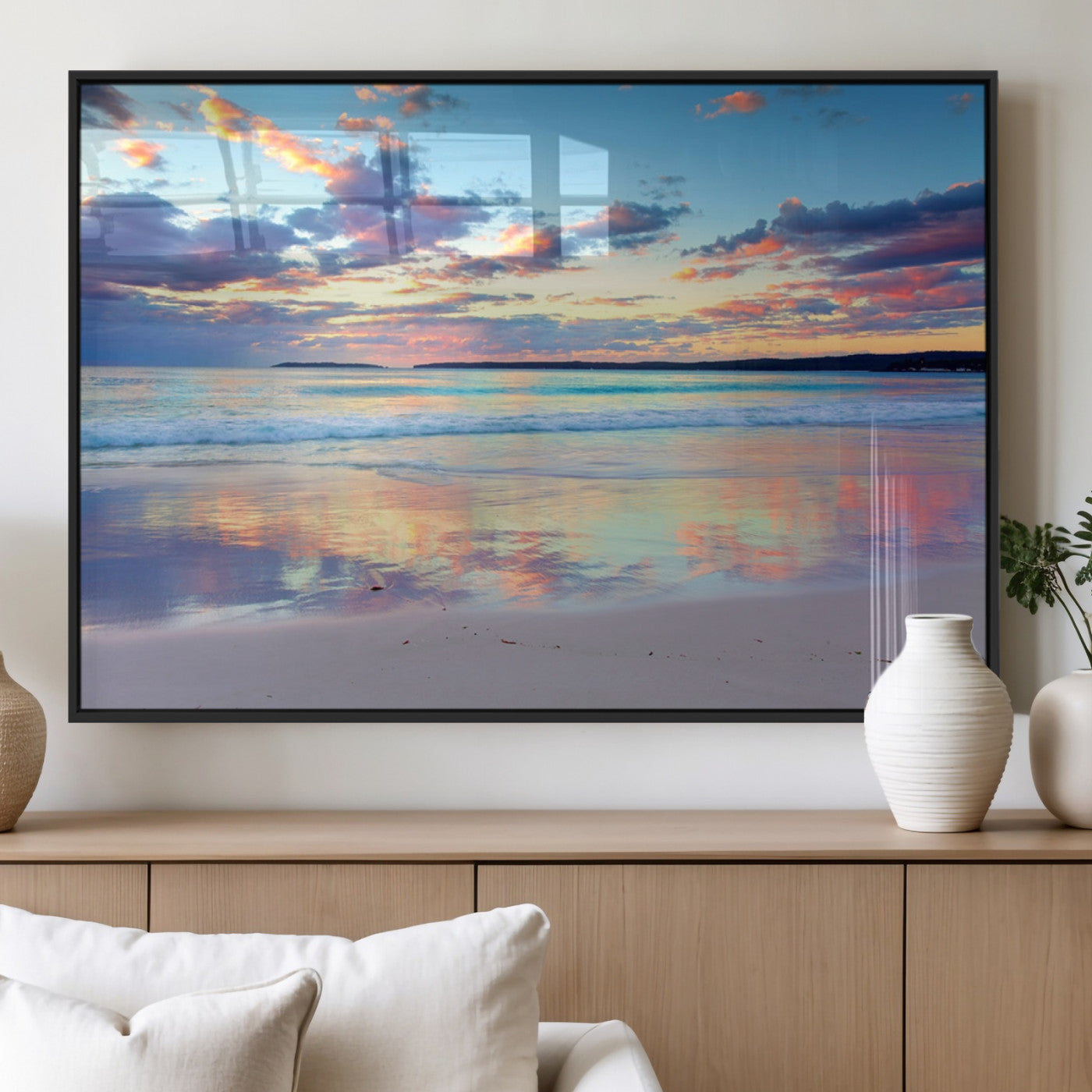 MGV-FP-36X24-3P - Tranquil Pastel Sunset Beach Triptych Canvas Art, Soothing Coastal Ocean Shoreline Giclee Print,