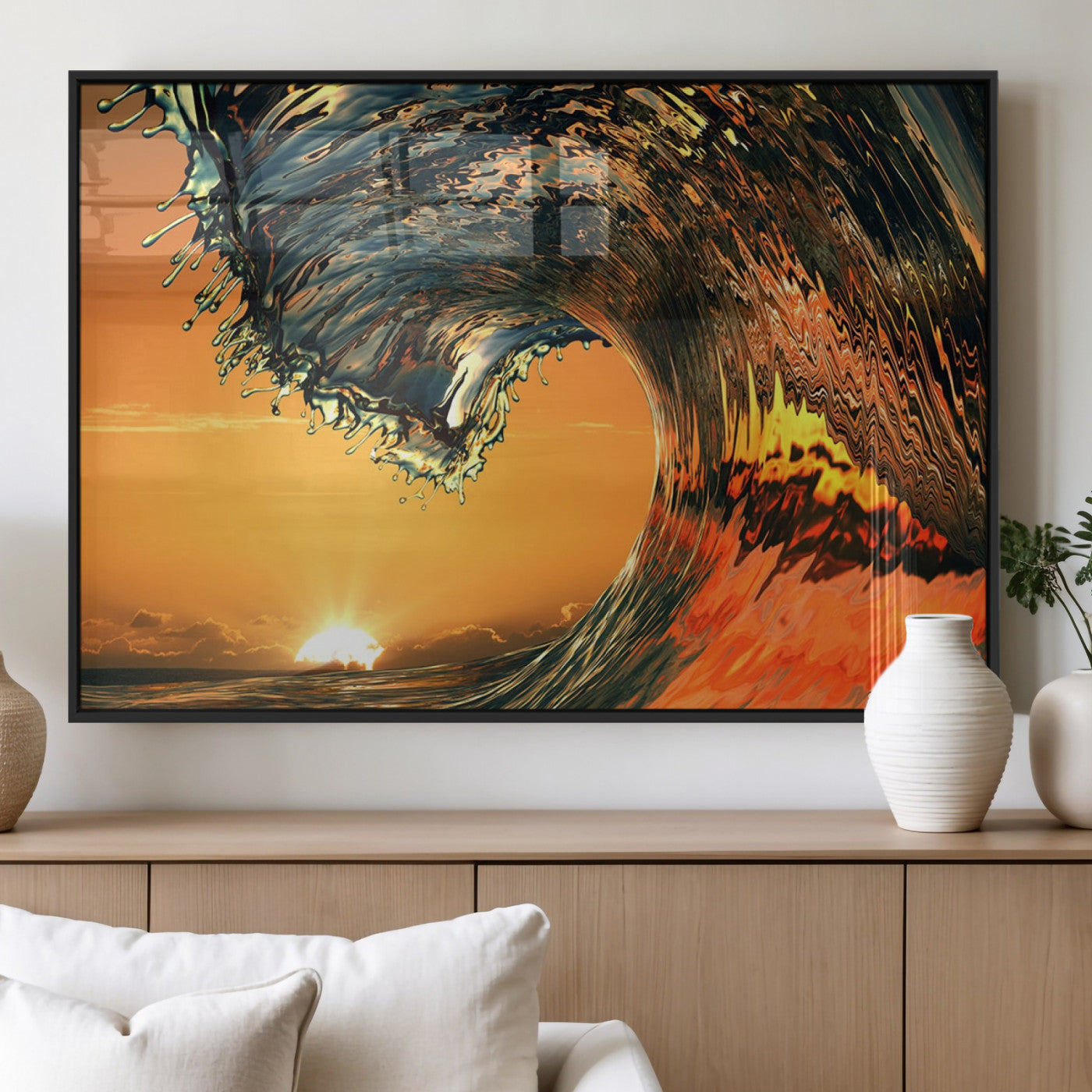 96977-MGV-FP-36X24-3P_Black-Surf Wave Sunset Canvas Wall Art Print, 3-Panel Ocean Coastal Wall Art Print, Ocean Decor for
