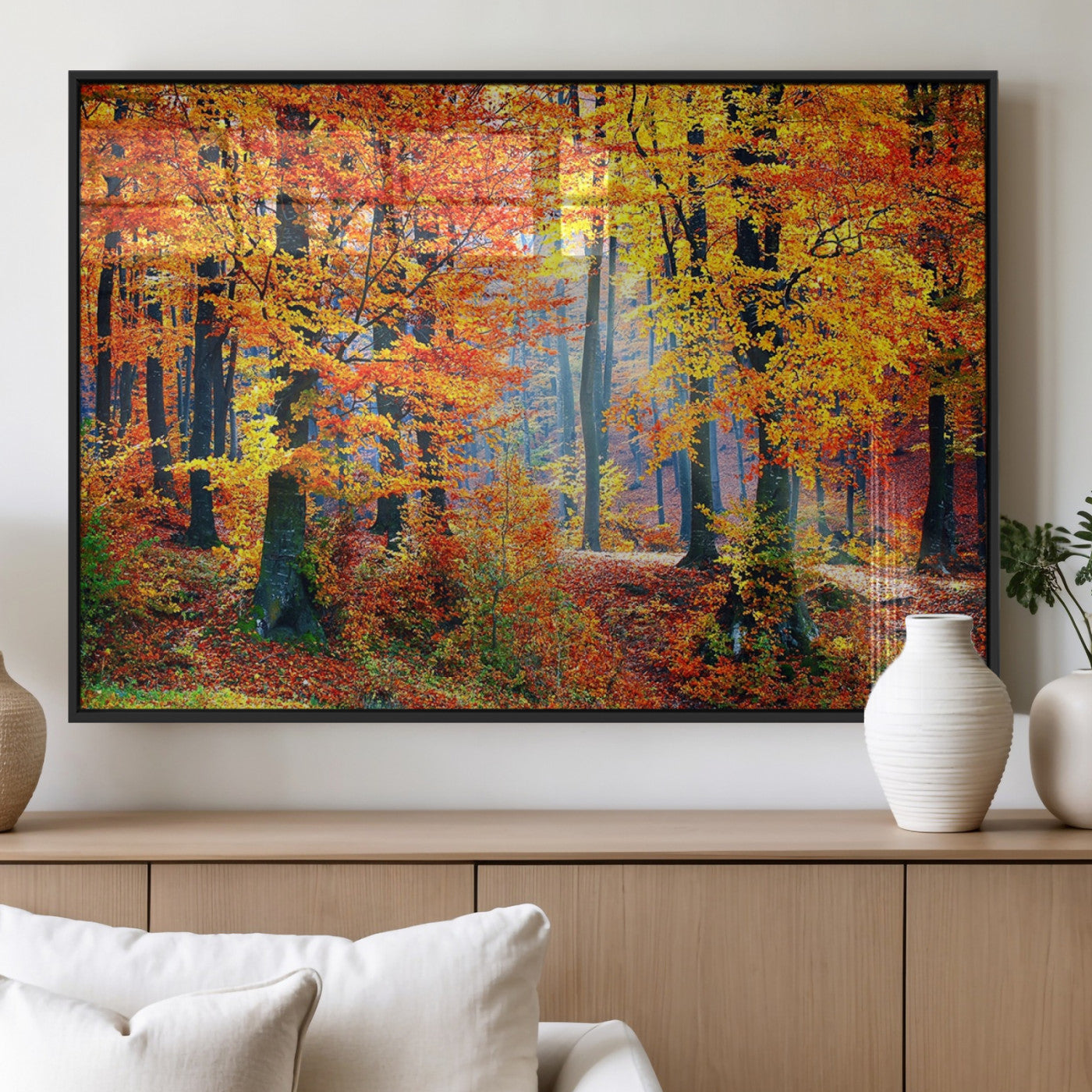 MGV-FP-36X24-3P - Autumn Red Forest Triptych Canvas Wall Art Print, Forest Wall Decor, Fall Landscape Art | Season