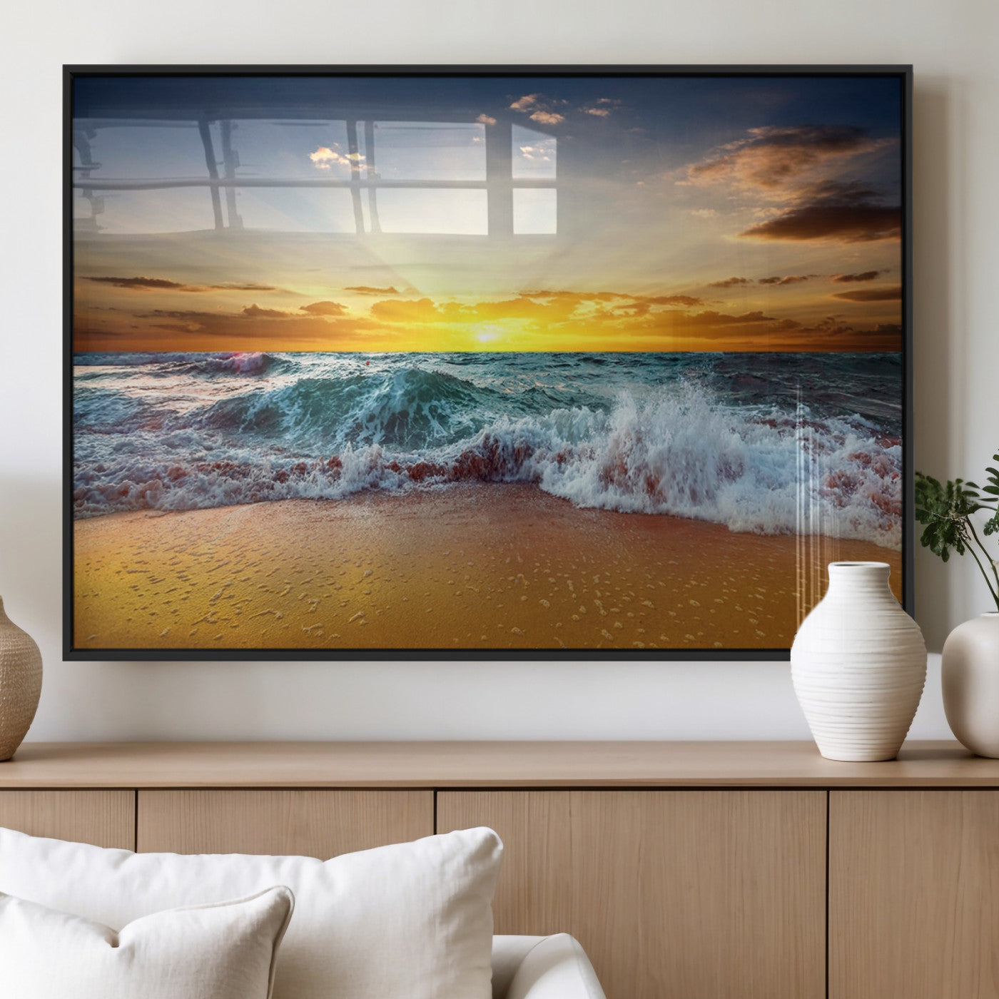 73401-MGV-FP-36X24-3P_Black-Golden Sunset Ocean Waves Wall Art Canvas Print – Multi Panel Beach Canvas Print Set – Large Coastal