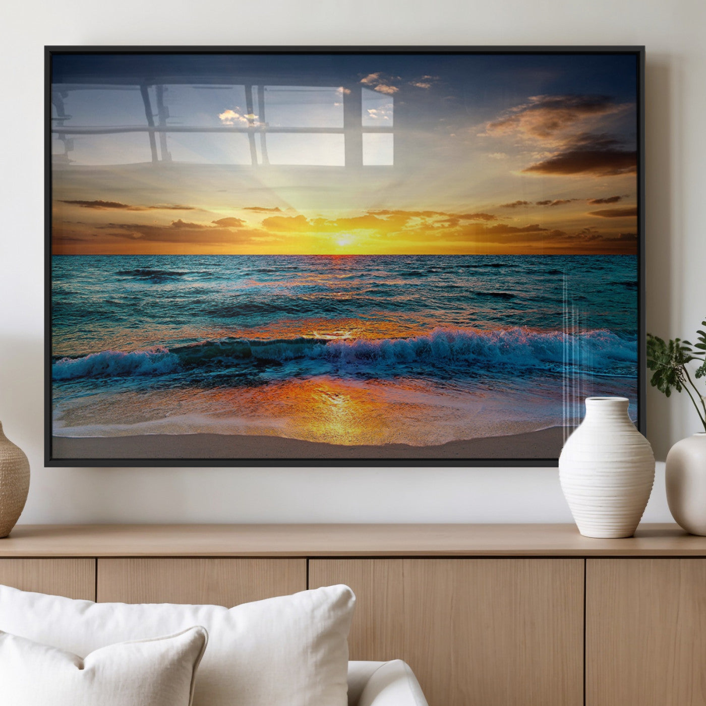 50627-MGV-FP-36X24-3P_Black-Vibrant Ocean Sunrise Over Golden Beach Waves, Giclee Canvas Wall Art Set, High-Quality Stretched