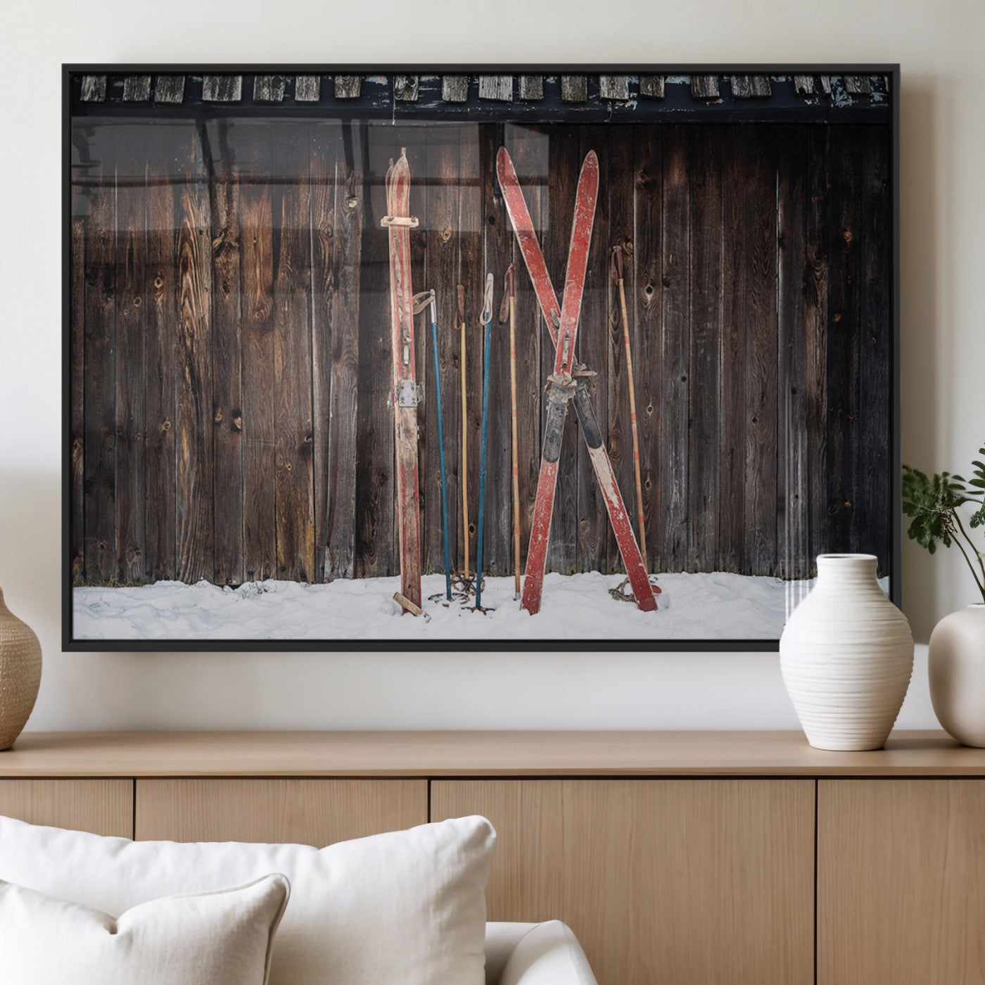 MGV-FP-36X24-3P - Vintage Ski Gear Canvas Print, Vintage Ski Gear Against Wooden Cabin Wall, Rustic Winter Sports
