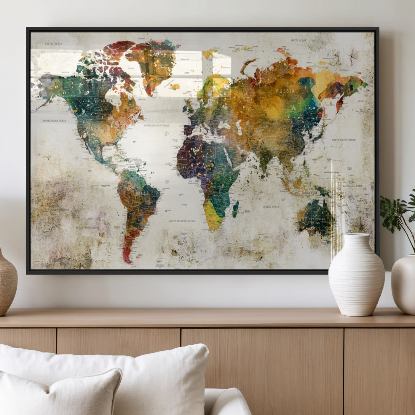MGV-FP-36X24-3P - Push Pin World Map Canvas Print – Framed Wall Art for Couples to Track Their Travels – Anniversary