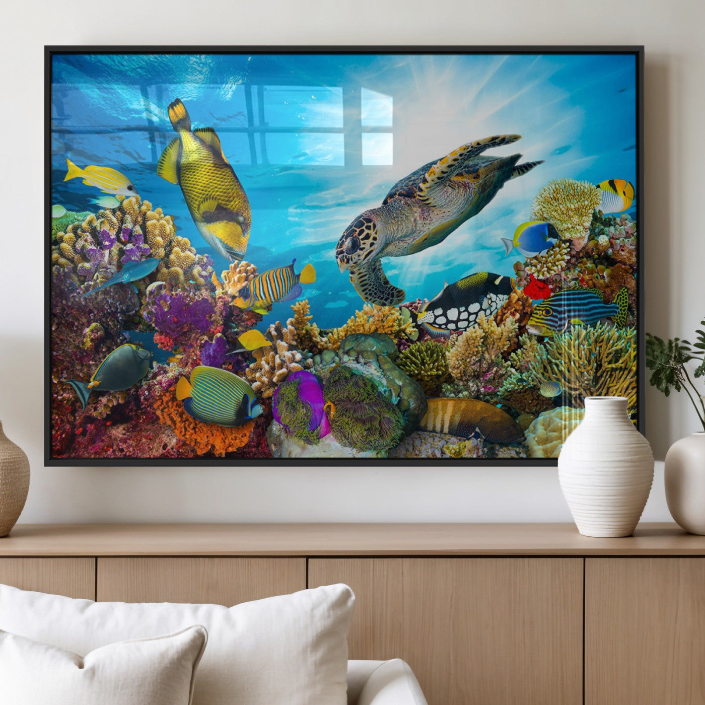 MGV-FP-36X24-3P - Sea Turtle Coral Reef Wall Art Print – Colorful Underwater Canvas Print – Tropical Ocean Marine Life Artwork – Perfect for Coastal Home Decor