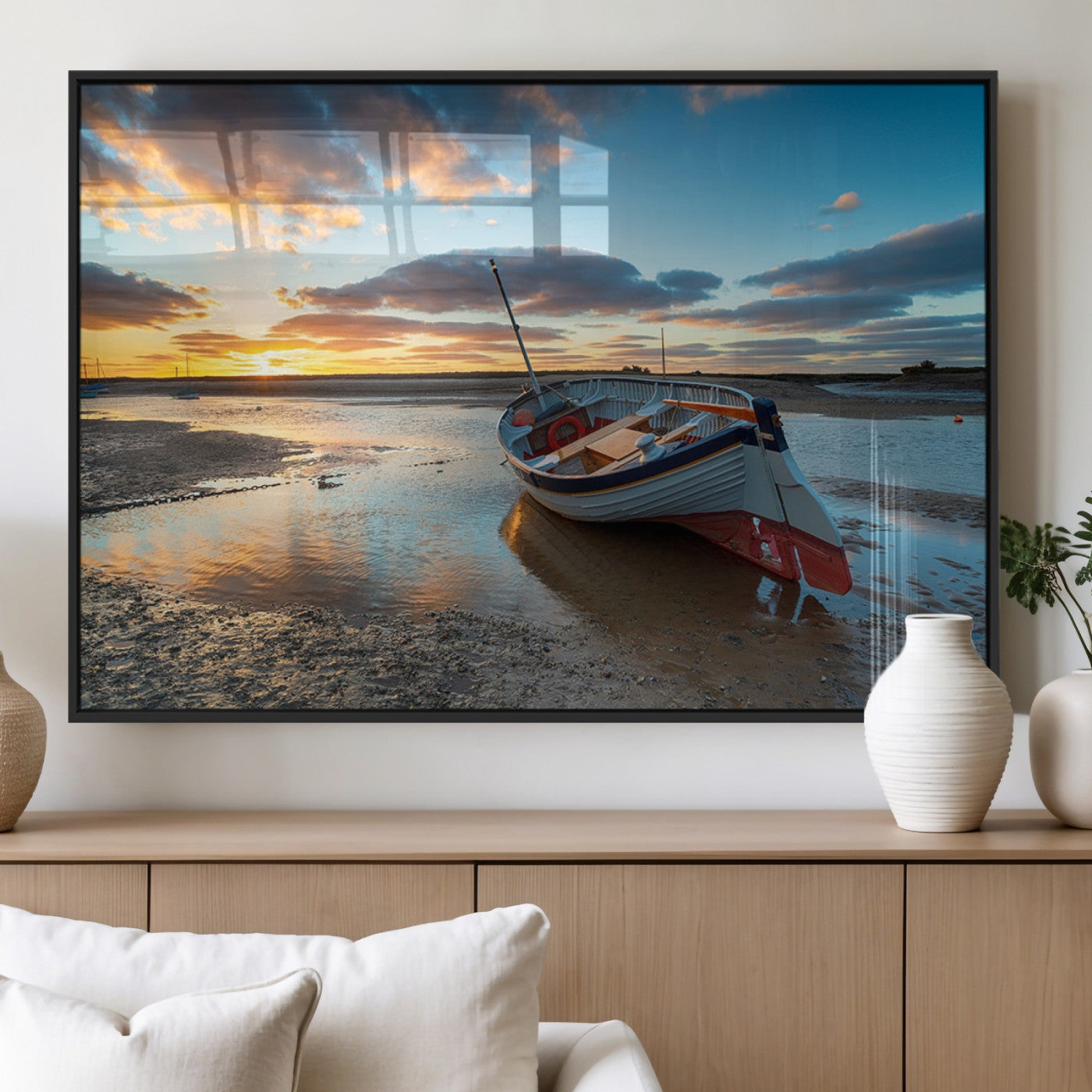 MGV-FP-36X24-3P - Small Boat At The Beach Sunset Wall Art, Boat Sunset Wall Art Canvas Print