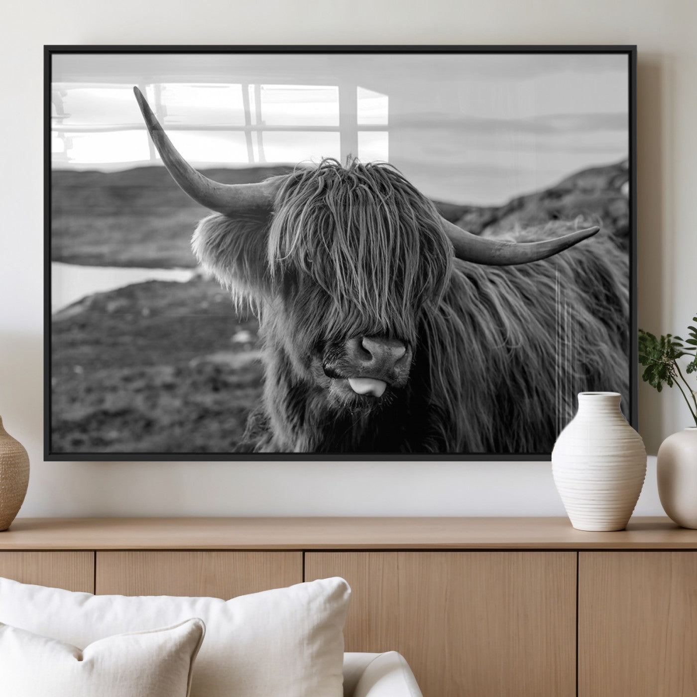 MGV-FP-36X24-3P - Longhorn Steer Canvas Print Wall Art, Highland Cow Canvas Wall Art – Black and White Animal Portrait