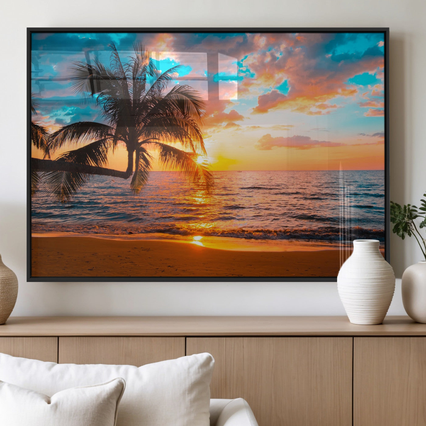 34674-MGV-FP-36X24-3P_Black-Palm Tree Sunset On The Beach Wall Art Canvas, Framed Palm Tree Sunset Canvas Print