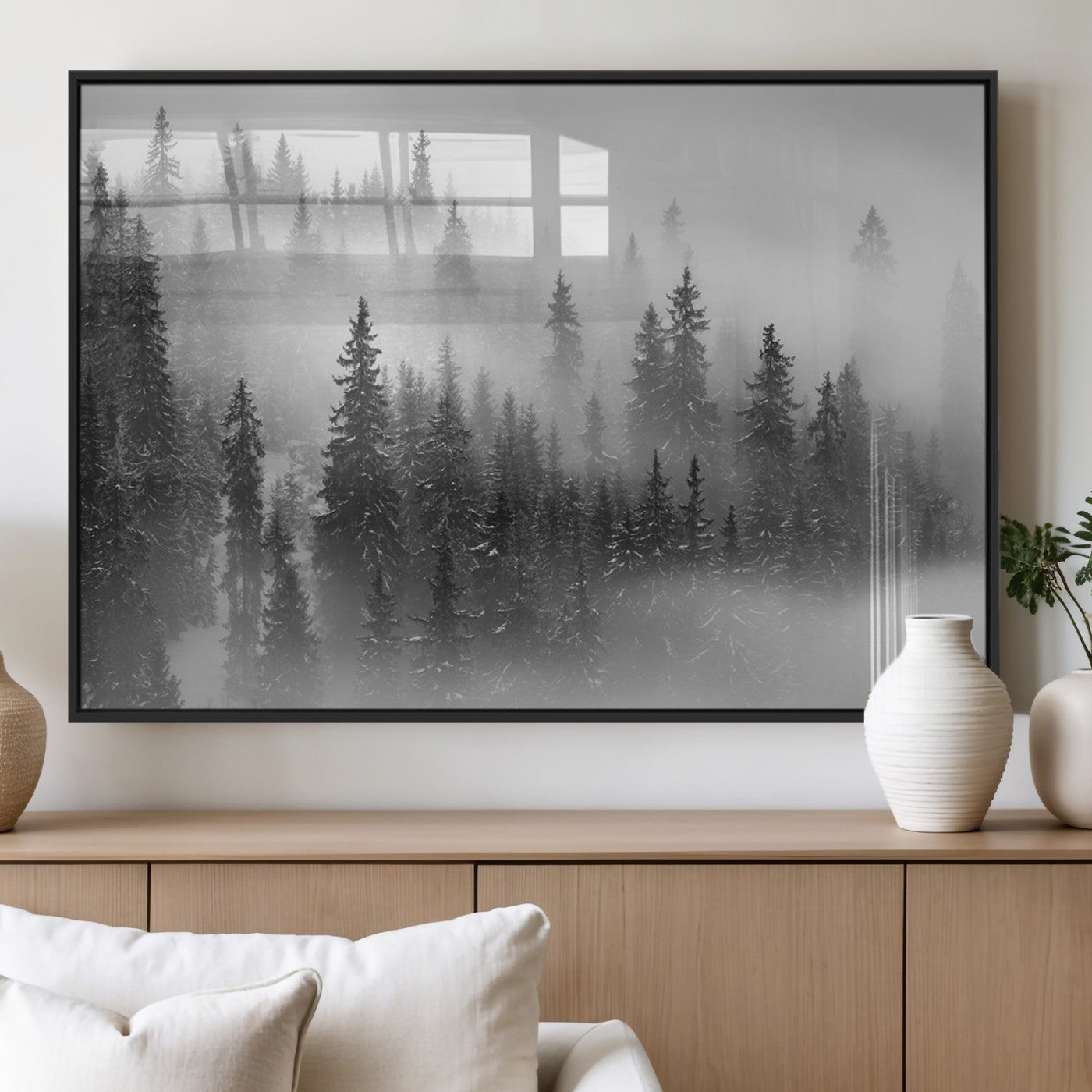 MGV-FP-36X24-3P - Black and White Forest Wall Art Print – Misty Pine Tree Canvas Print – Winter Woodland Nature Artwork – Perfect for Minimalist Home Decor