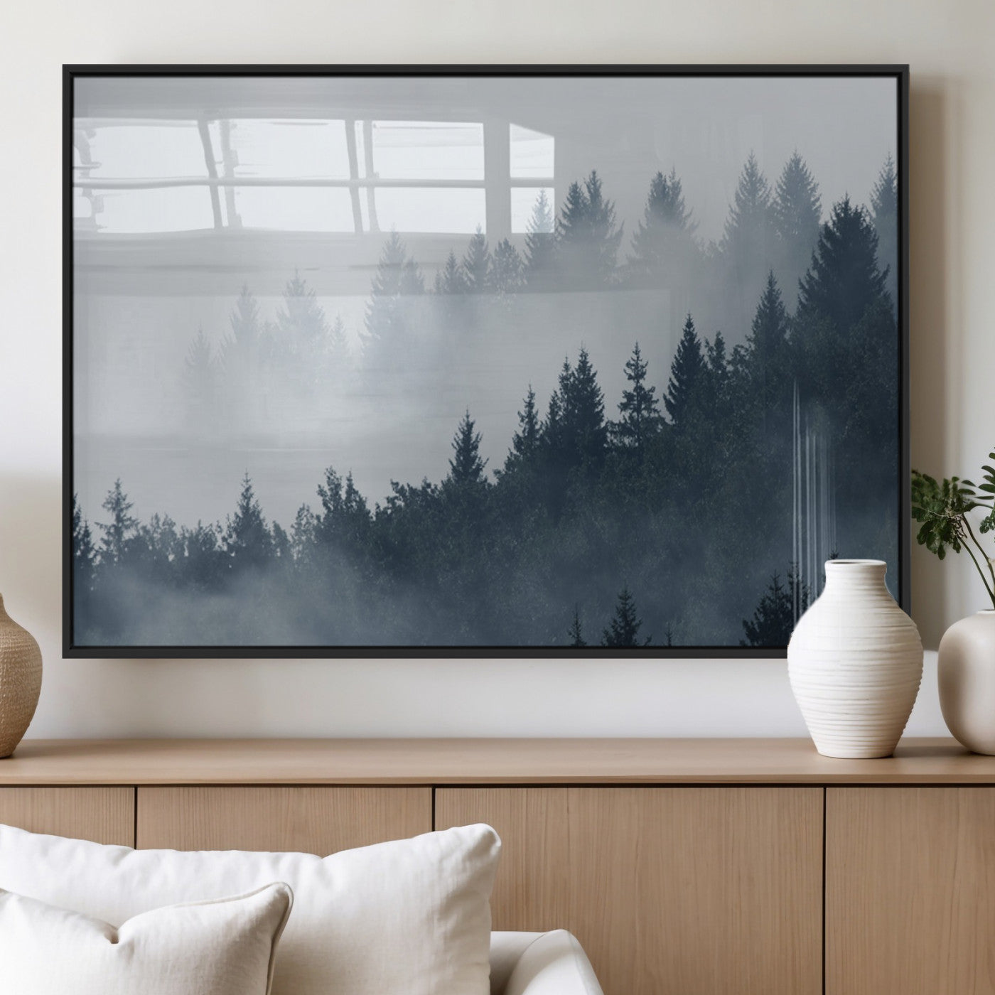 MGV-FP-36X24-3P - Misty Forest Wall Art Print – Foggy Pine Tree Canvas Print – Dark Woodland Nature Artwork – Perfect for Minimalist and Modern Home Decor