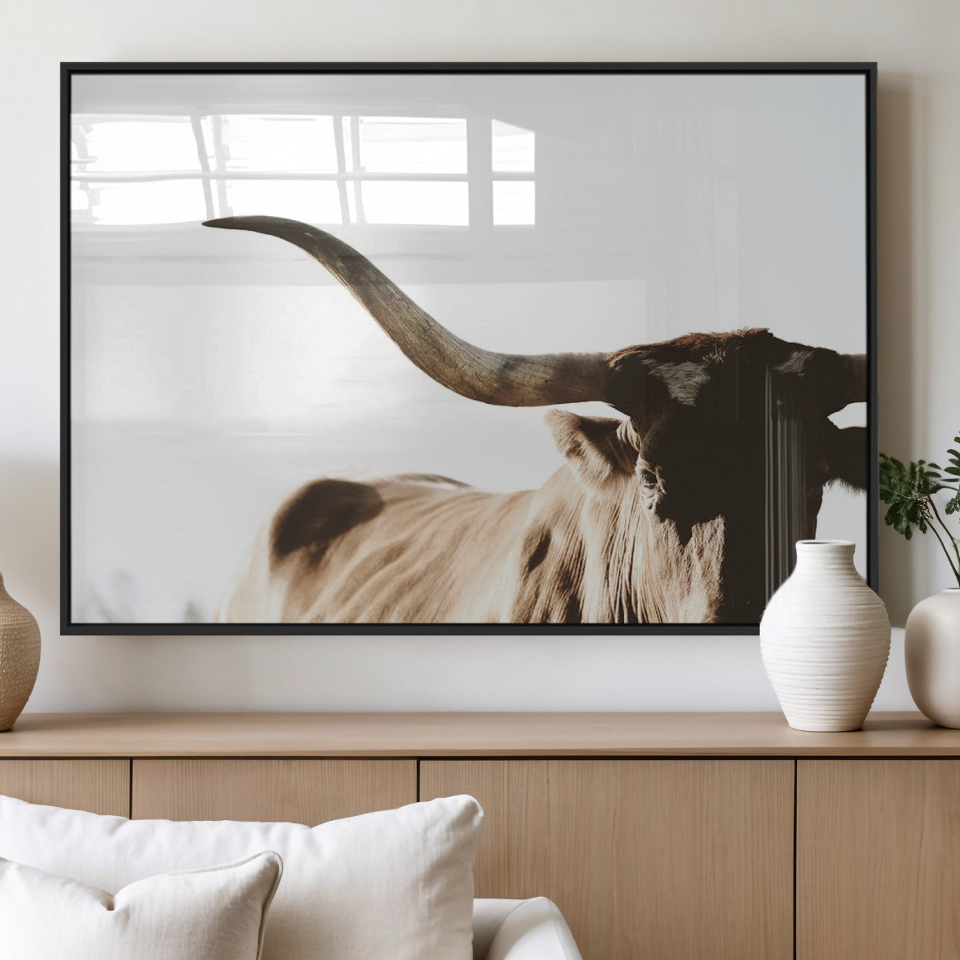 MGV-FP-36X24-3P - Texas Longhorn Wall Art Canvas Print | 3-Panel Large Longhorn Canvas Print for Living Room, Framed