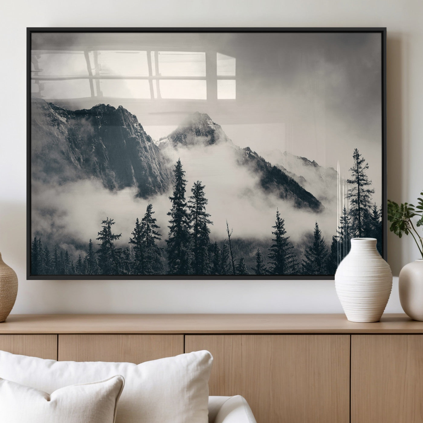 MGV-FP-60X30-3P - Forest Mountain Print - Black and White Canvas Wall Art with Misty Forest Design for Elegant and