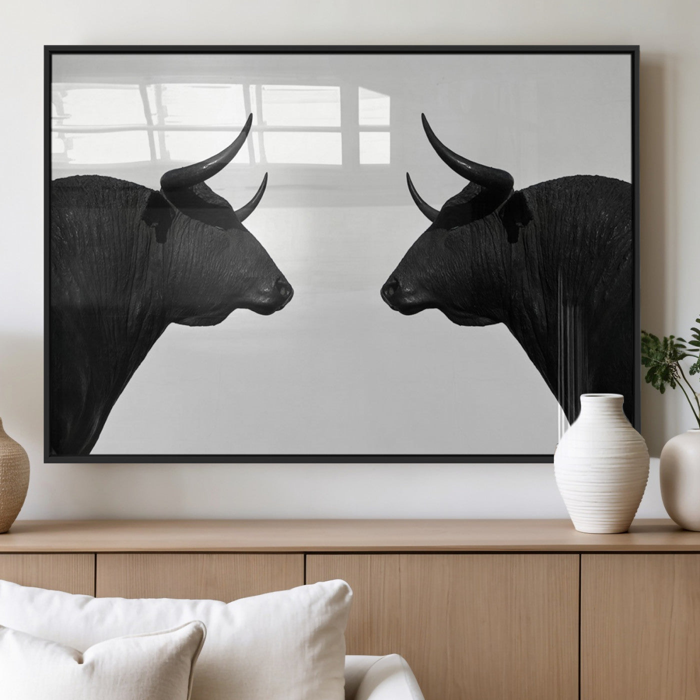 16038-MGV-FP-36X24-3P_Black-Spanish Bull Art - Framed Black and White Bull Canvas Print for Modern Rustic Home or Office Decor