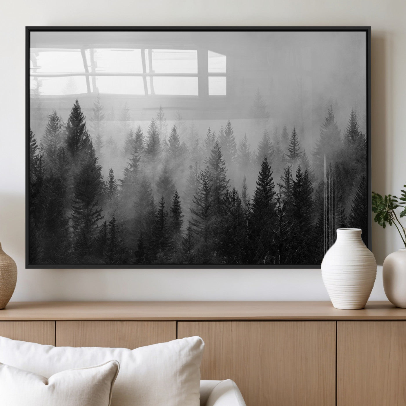 MGV-FP-36X24-3P - Foggy Black and White Forest Canvas Wall Art, 3 Panel Misty Pine Trees Canvas Print for Living Room,
