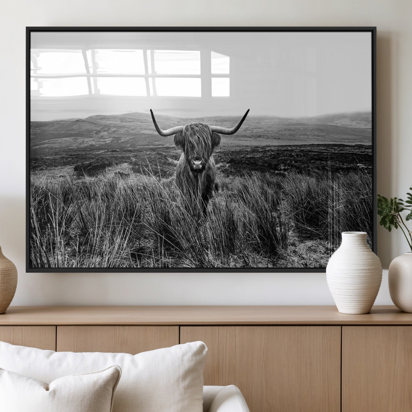 MGV-FP-36X24-3P - Black and White Highland Cow Canvas Wall Art, Longhorn Triptych Western Wall Decor for Cabin -