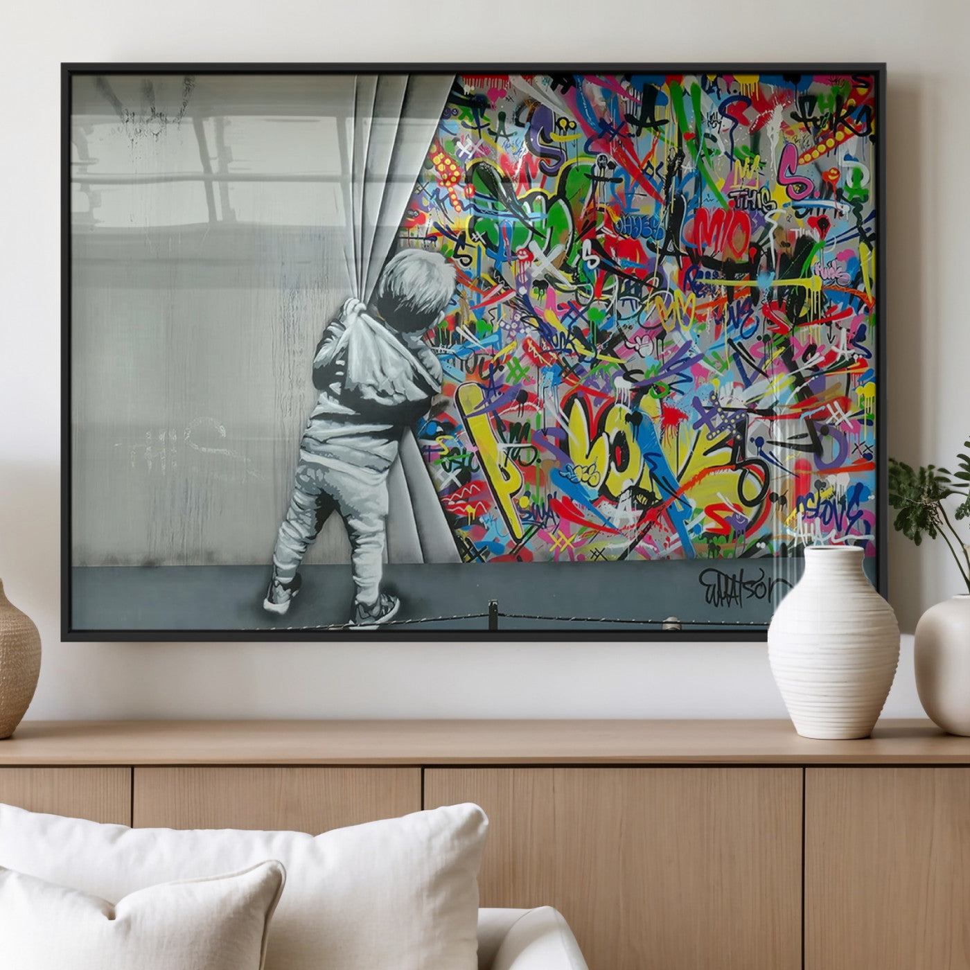 MGV-FP-36X24-3P - Banksy Colorful Street Graffiti Canvas Wall Art Print, Modern Art Triptych, Child and Graffiti Wall,