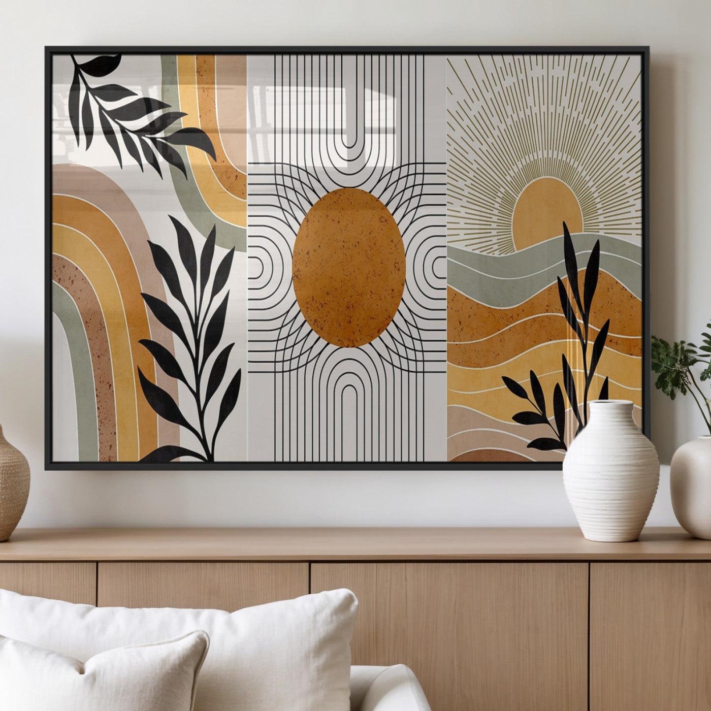 MGV-FP-36X24-3P - Modern Boho Sun and Leaf Abstract Art – 3-Panel Giclée Canvas for Mid-Century Modern or Bohemian