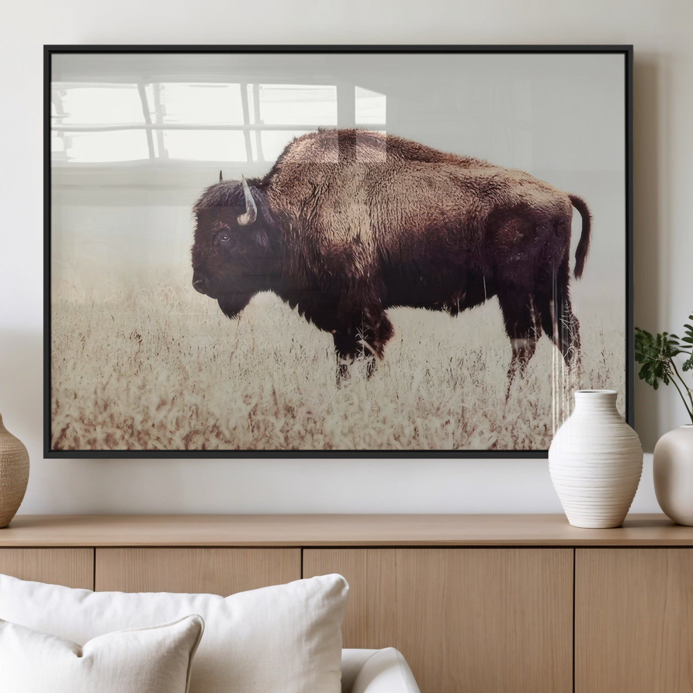 MGV-FP-36X24-3P - Bison in Field Wall Art Canvas Print For Farmhouse Barn Decor