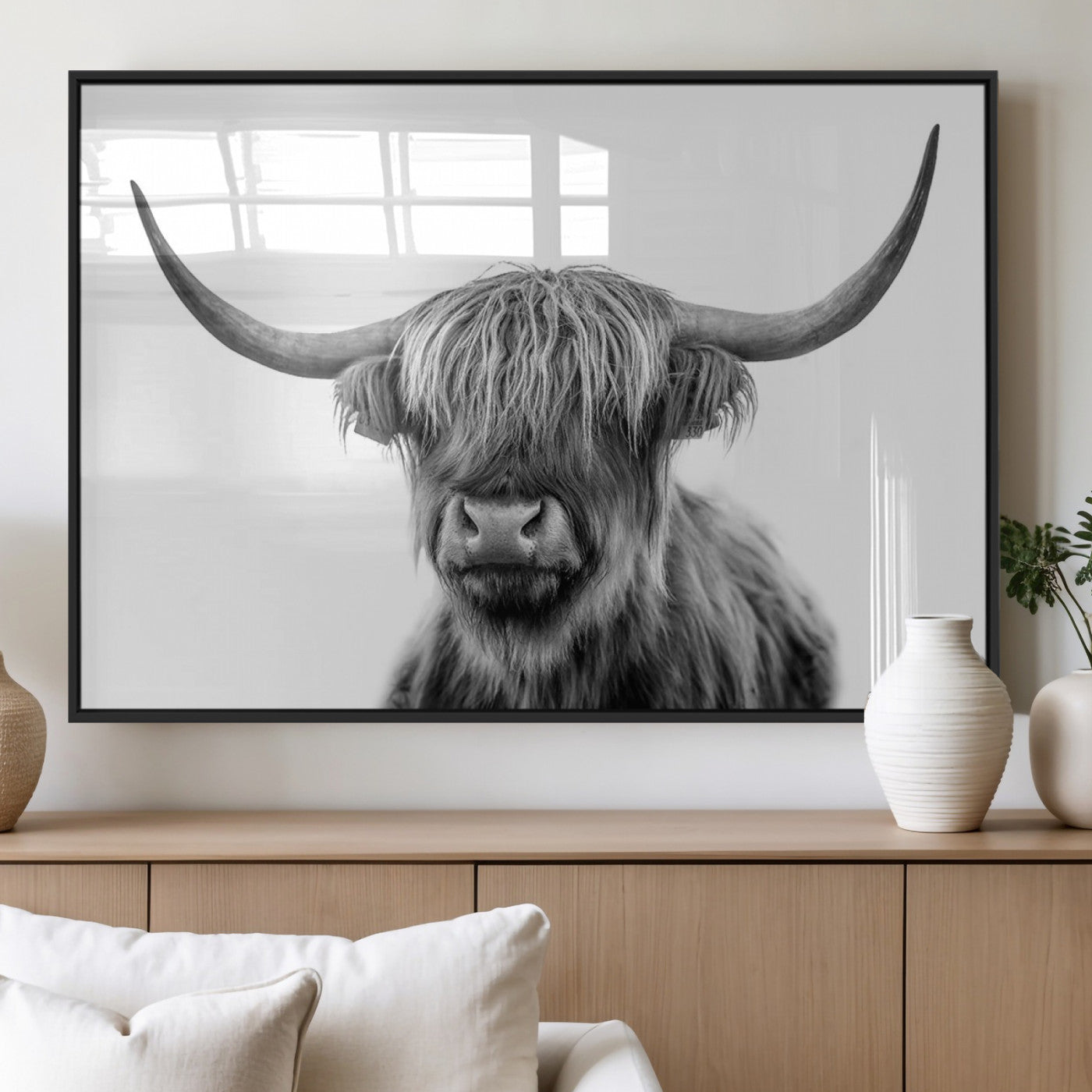 MGV-FP-36X24-3P - Grayscale Scottish Highland Cow Cattle Art Print Farmhouse Wall Art Canvas Print