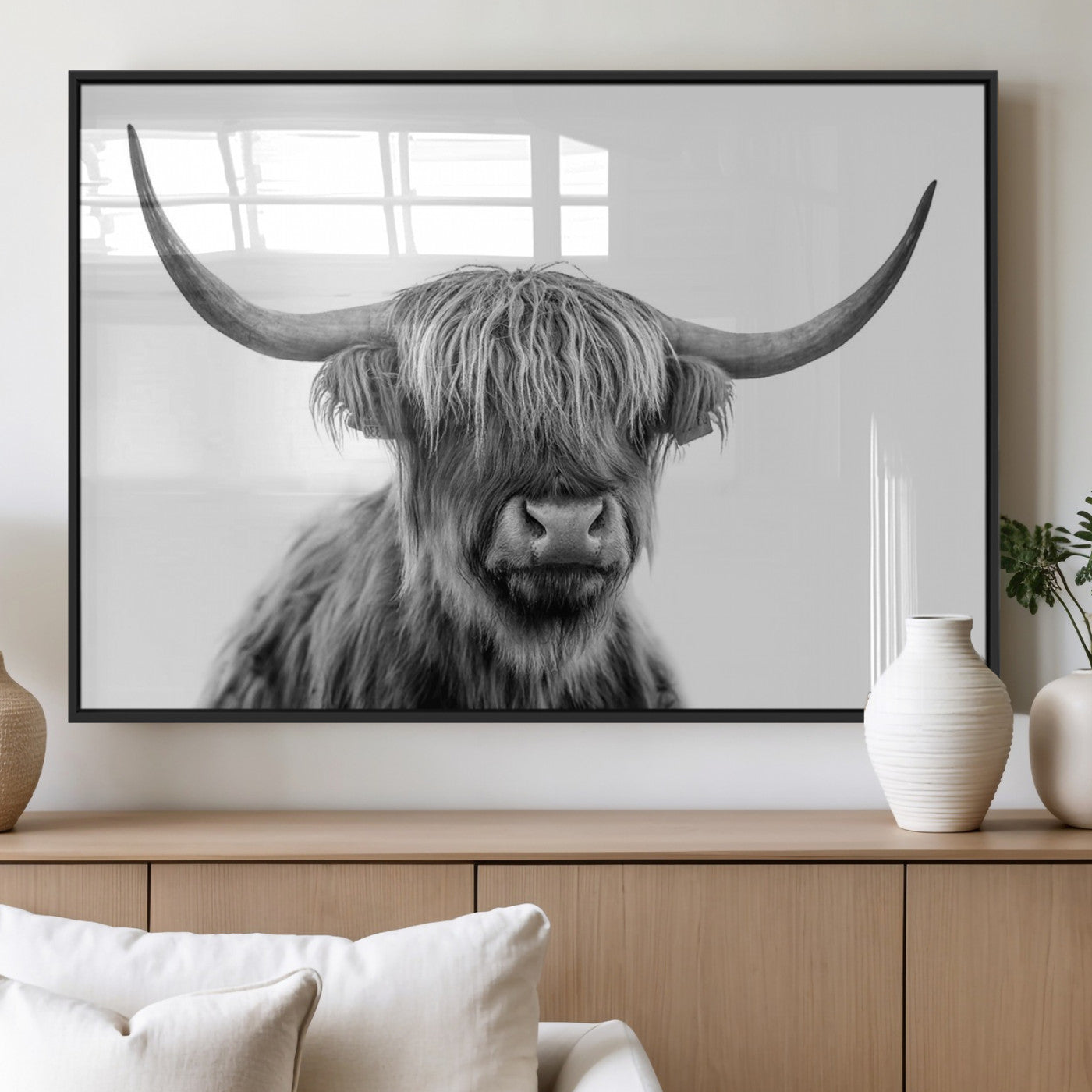 MGV-FP-36X24-3P - Scottish Highland Cow Cattle Art Print Wall Art Canvas Print for Farmhouse Decor, Framed Scottish