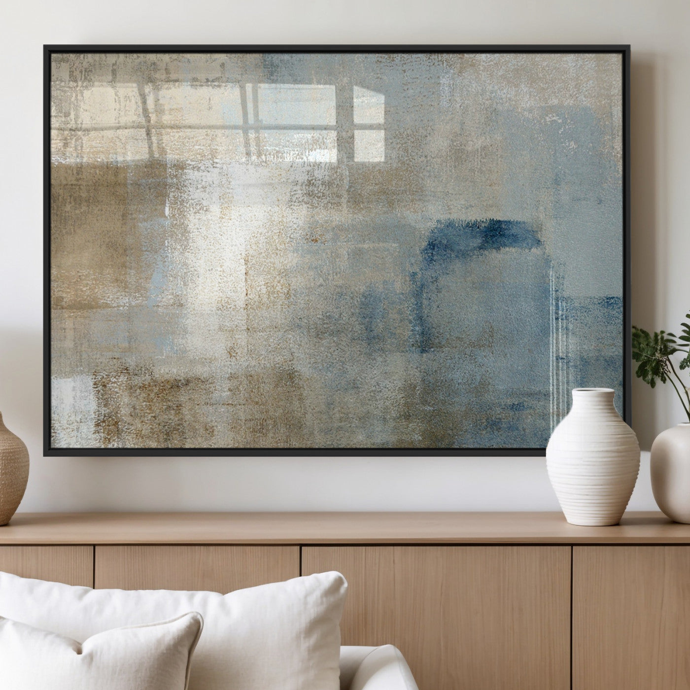 MGV-FP-36X24-3P - Abstract Blue and Beige Wall Art, Modern Minimalist Canvas Print Set, Giclee Textured Art, Large