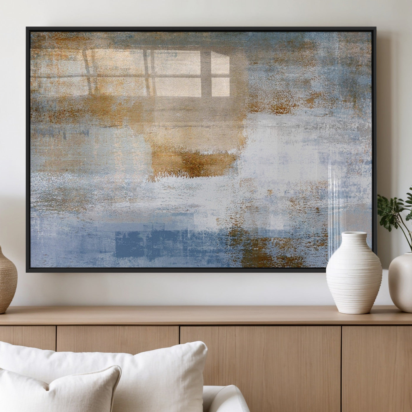 MGV-FP-36X24-3P - Blue Multi Panel Abstract Wall Art Canvas, Abstract Blue and Gold Canvas Print