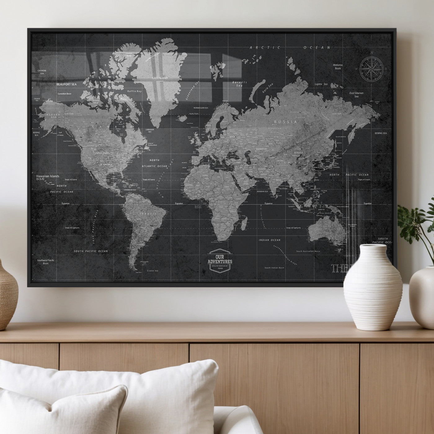 MGV-FP-36X24-3P - Push Pin World Map Canvas Print – Framed Wall Art for Couples to Track Their Travels – Anniversary