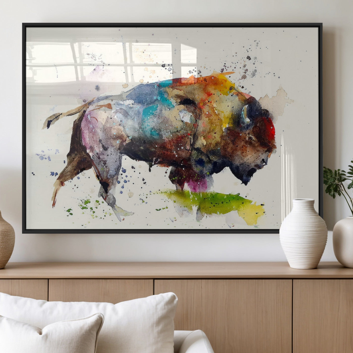 MGV-FP-36X24-3P - Abstract Buffalo Wall Art, Western Watercolor Bison Canvas Print, Rustic Buffalo Art for Cowboy and
