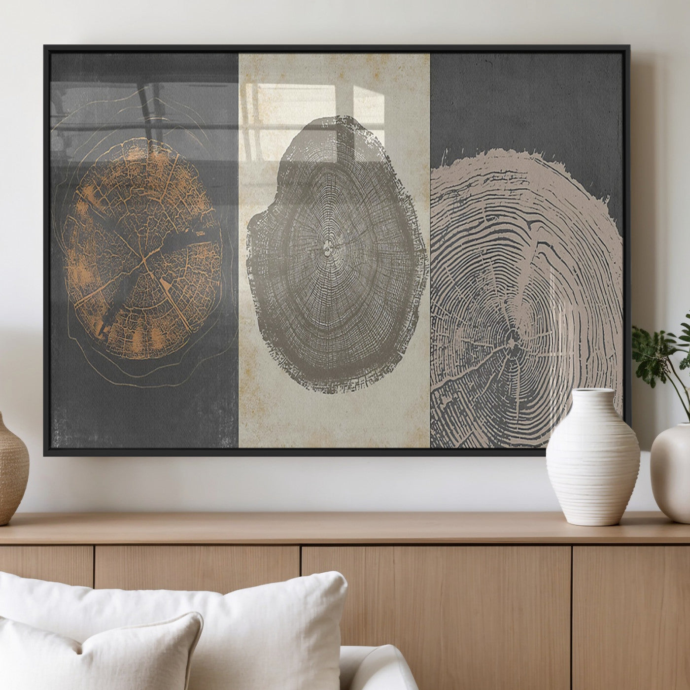 MGV-FP-36X24-3P - Boho Tree Ring Wall Art, Modern Minimalist Wood Grain Canvas, Tree Slice for Rustic Decor, Farmhouse