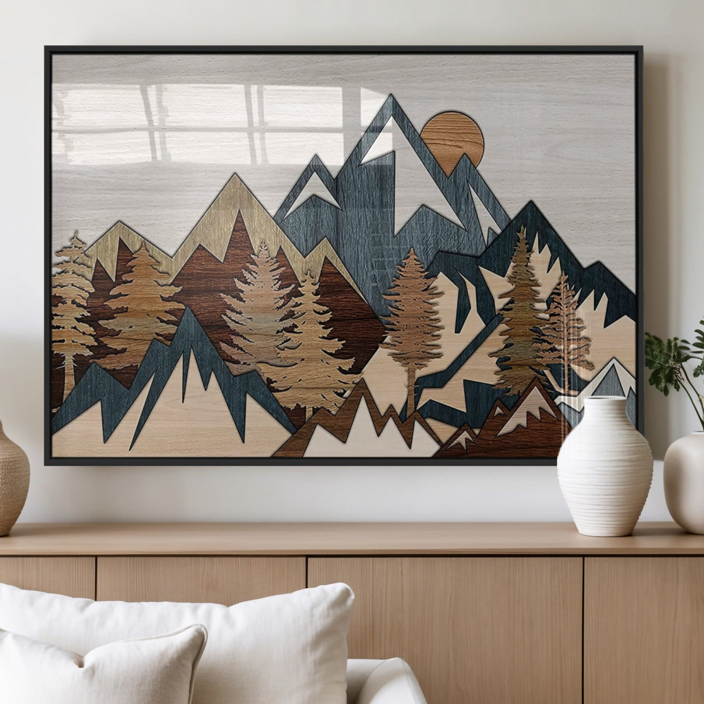 MGV-FP-60X30-3P - Rustic Abstract Wood Panel Effect Canvas Mountain Range Top Wood Wall Art Canvas Print