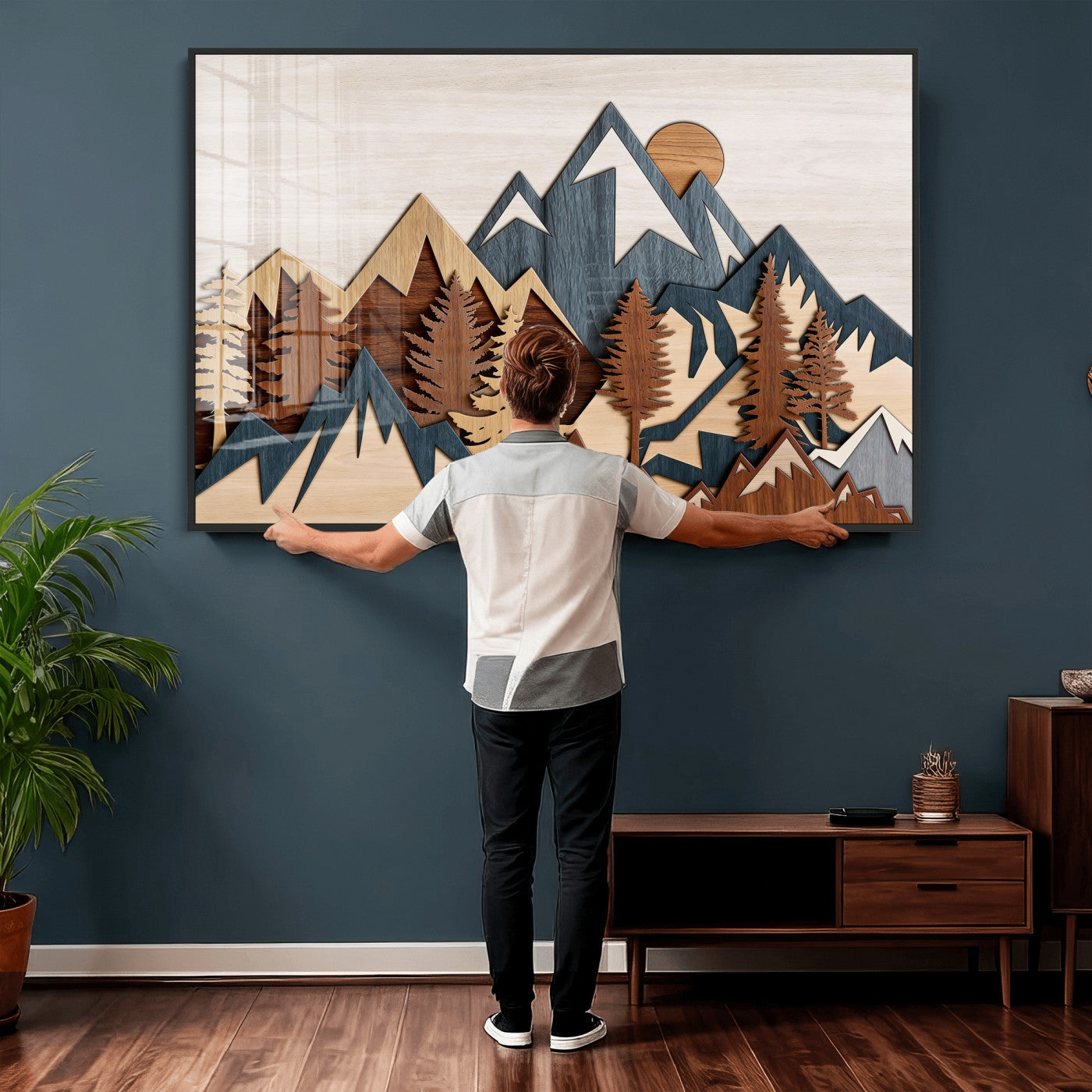 67950-MGV-CV-36X24 - Woodland Mountain Landscape Triptych, Giclee Canvas Art for Modern Home, Rustic Wooden Nature Wall