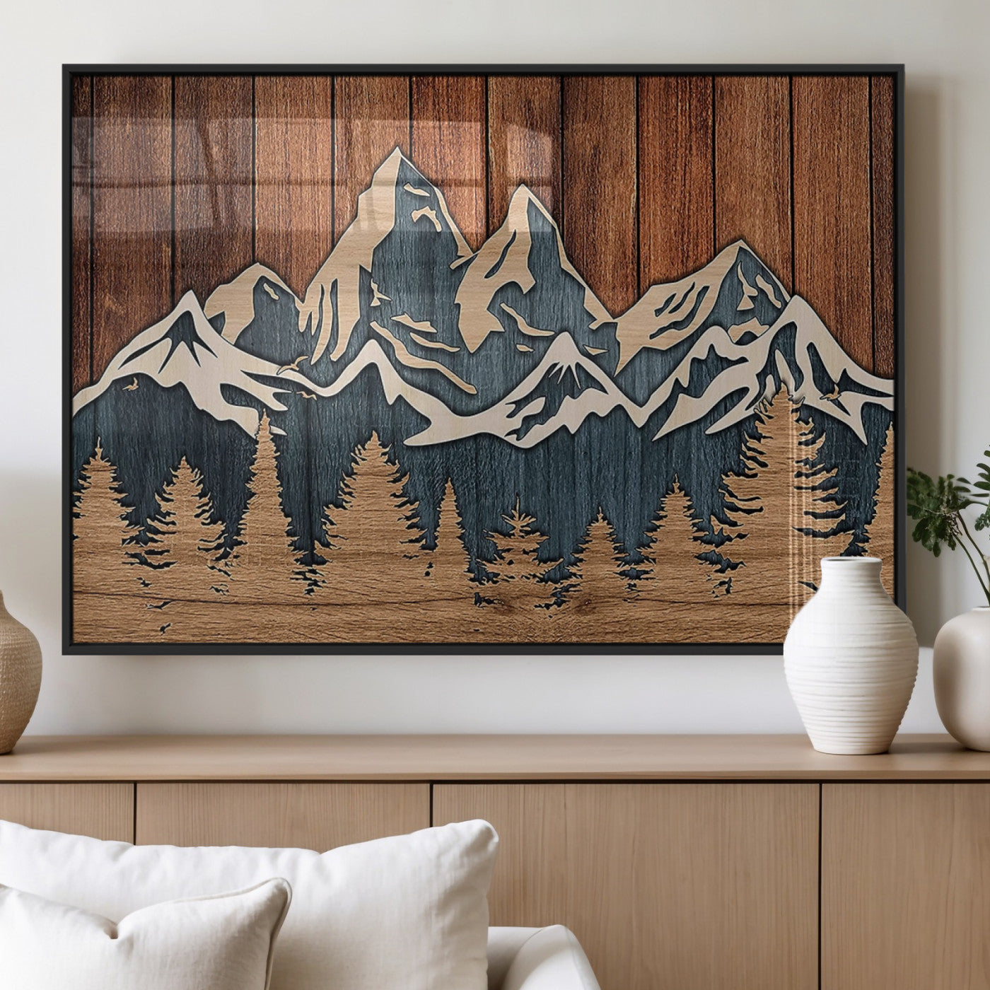 MGV-FP-36X24-3P - Rustic Wood Style Mountain Wall Art, Nature Forest Canvas Print, Wooden Textured Mountain Artwork,